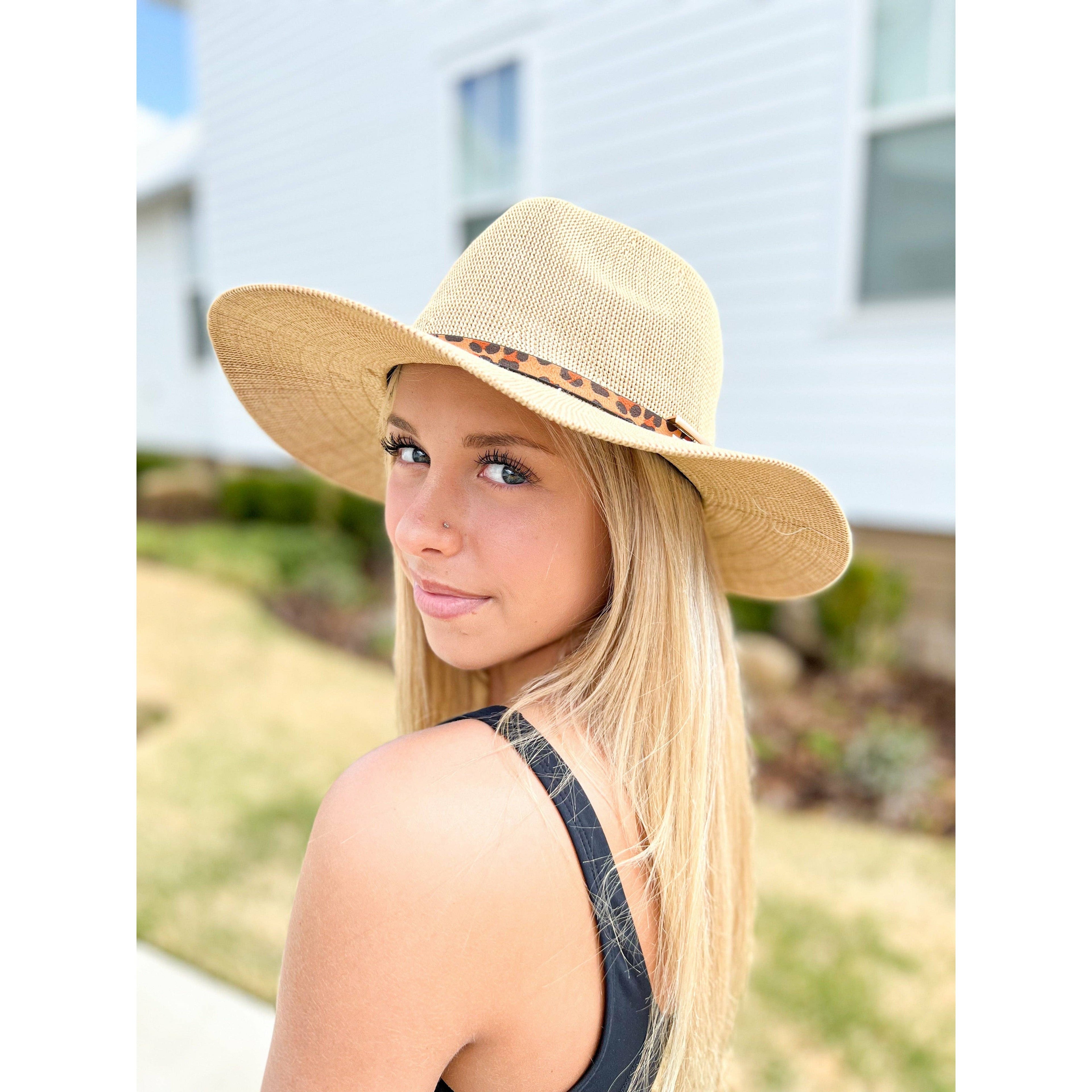 Knit Leopard Buckle Band C.C Panama Hat White