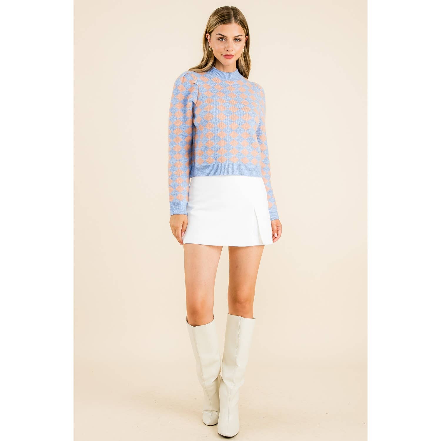 Diamond Pattern Knit Sweater: DENIM BLUE / XS