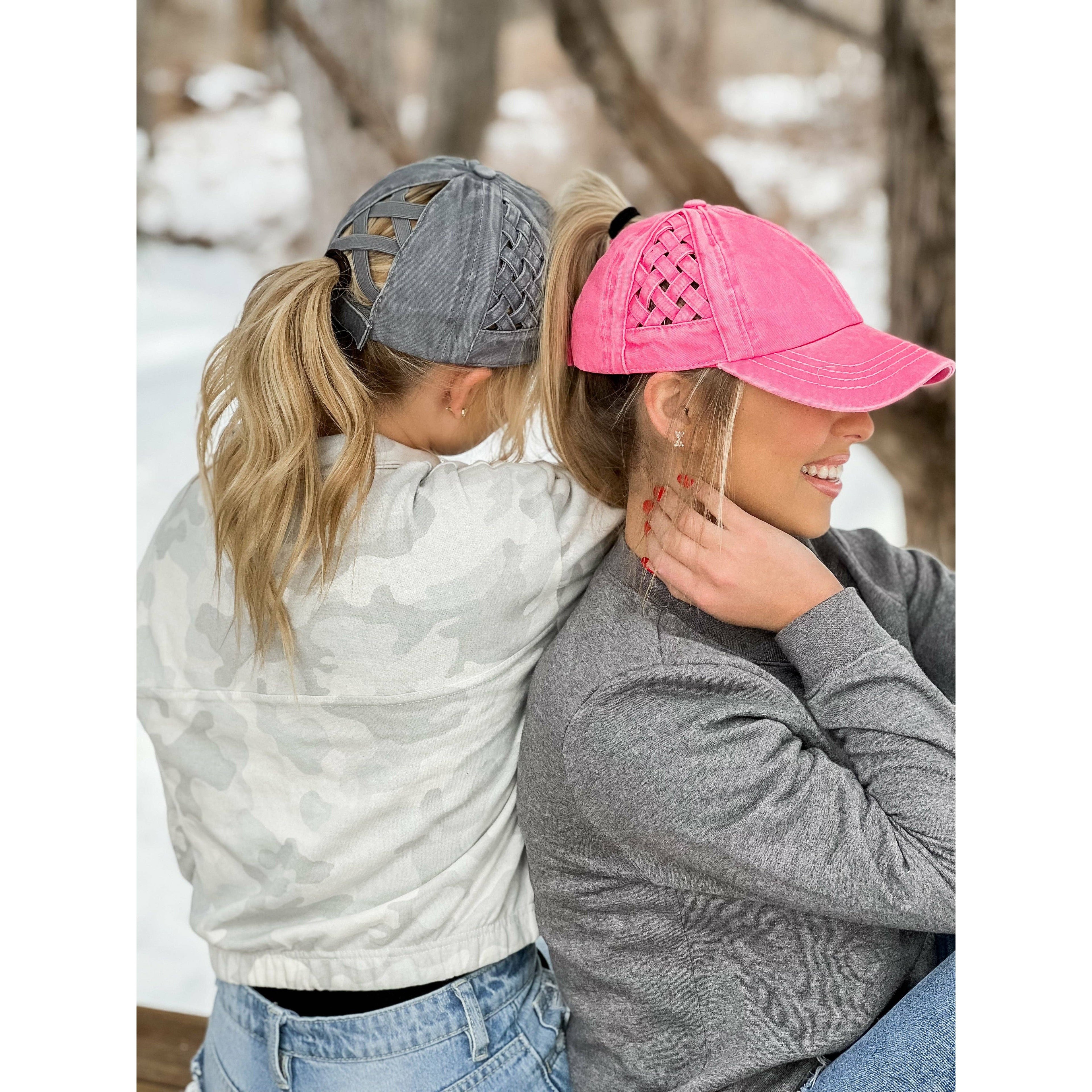 Basket Woven Criss-Cross High Ponytail CC Ball Cap BT922: Grey Camo