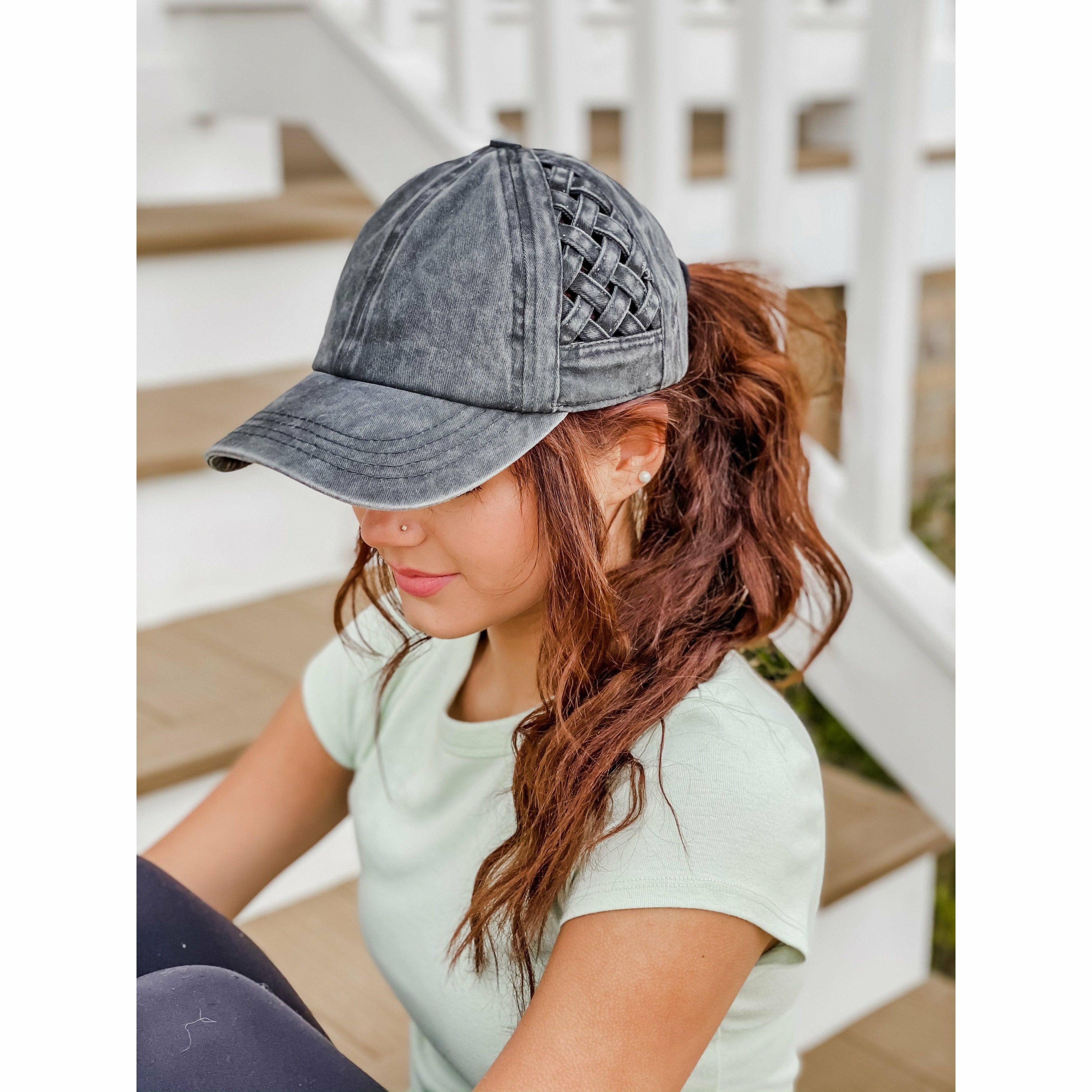 Basket Woven Criss-Cross High Ponytail CC Ball Cap BT922: Grey Camo