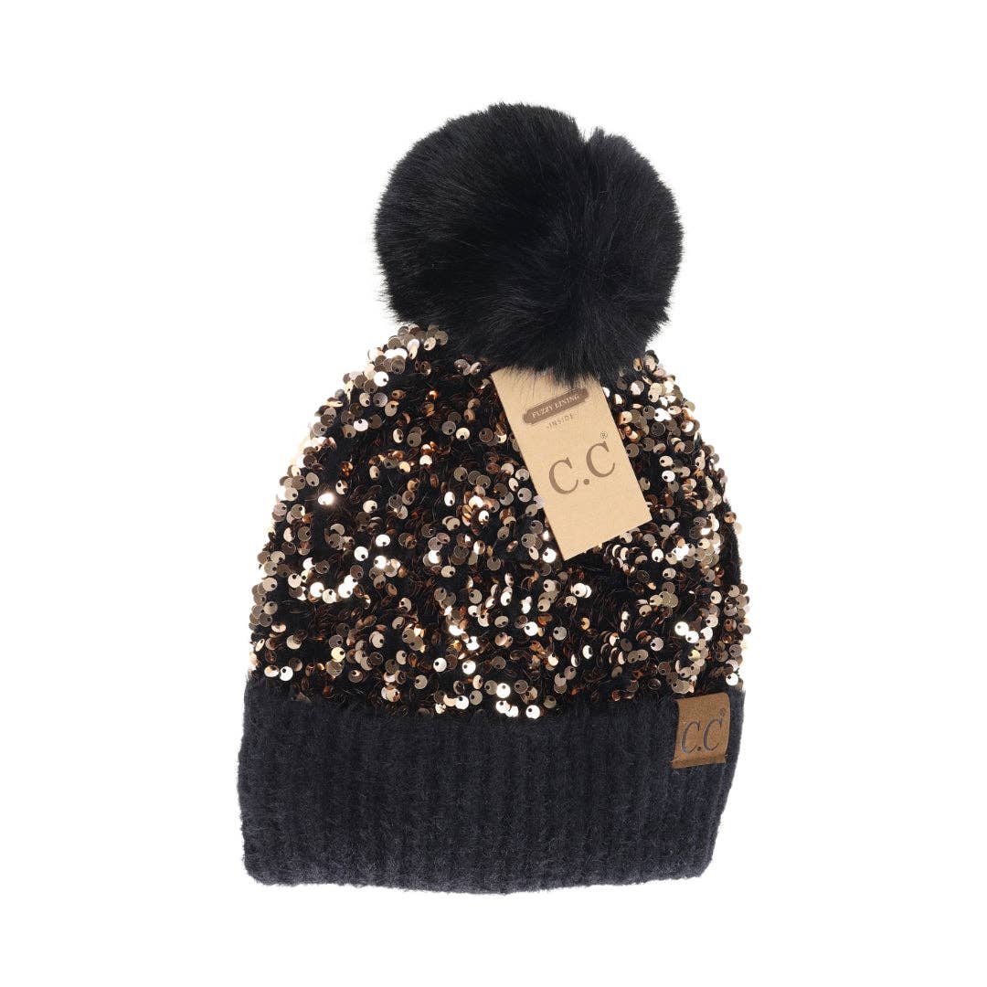 Cluster Sequin Faux Fur Pom C.C Beanie HTE0012: Hot Pink