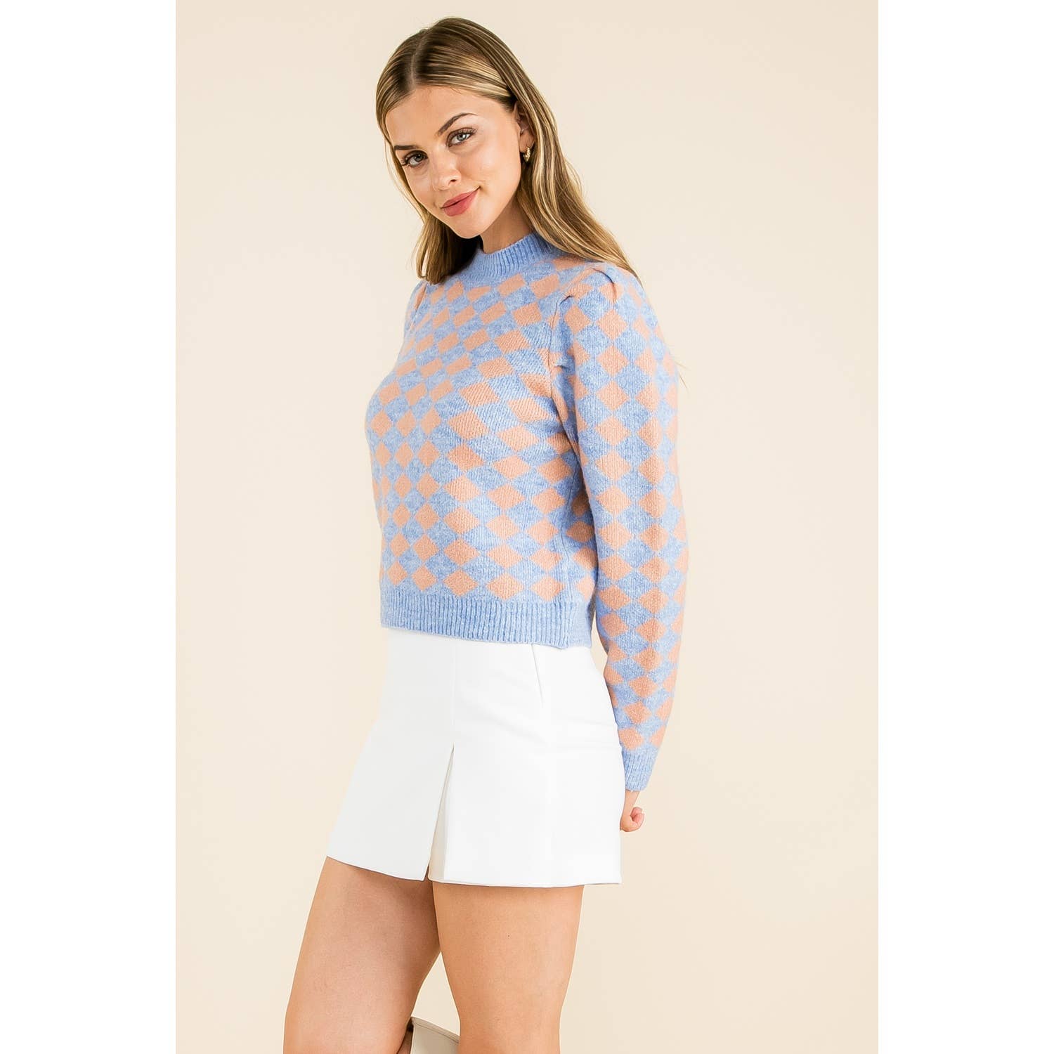 Diamond Pattern Knit Sweater: DENIM BLUE / M