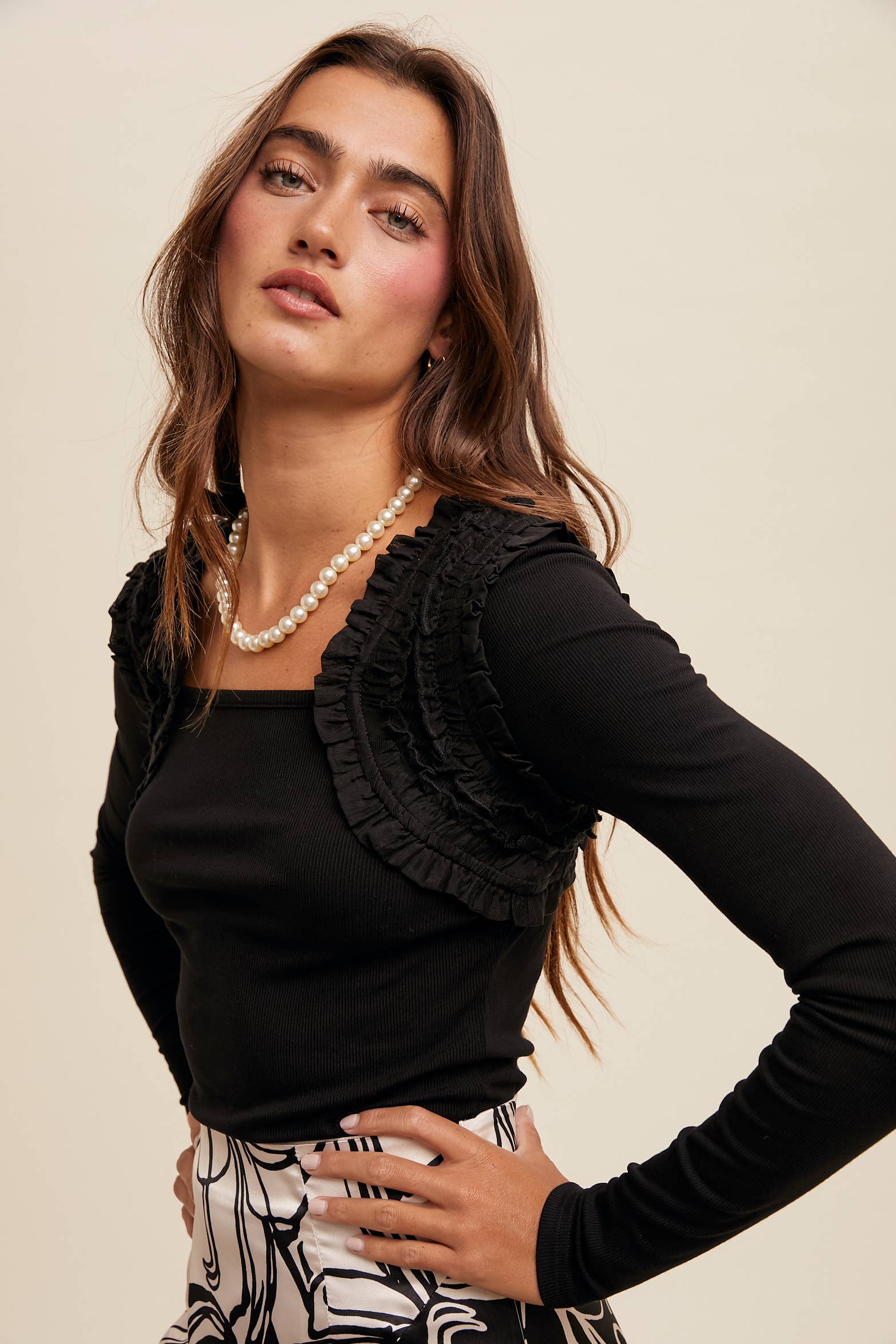 Square Neck Ruffle Accent Top: Black / XS