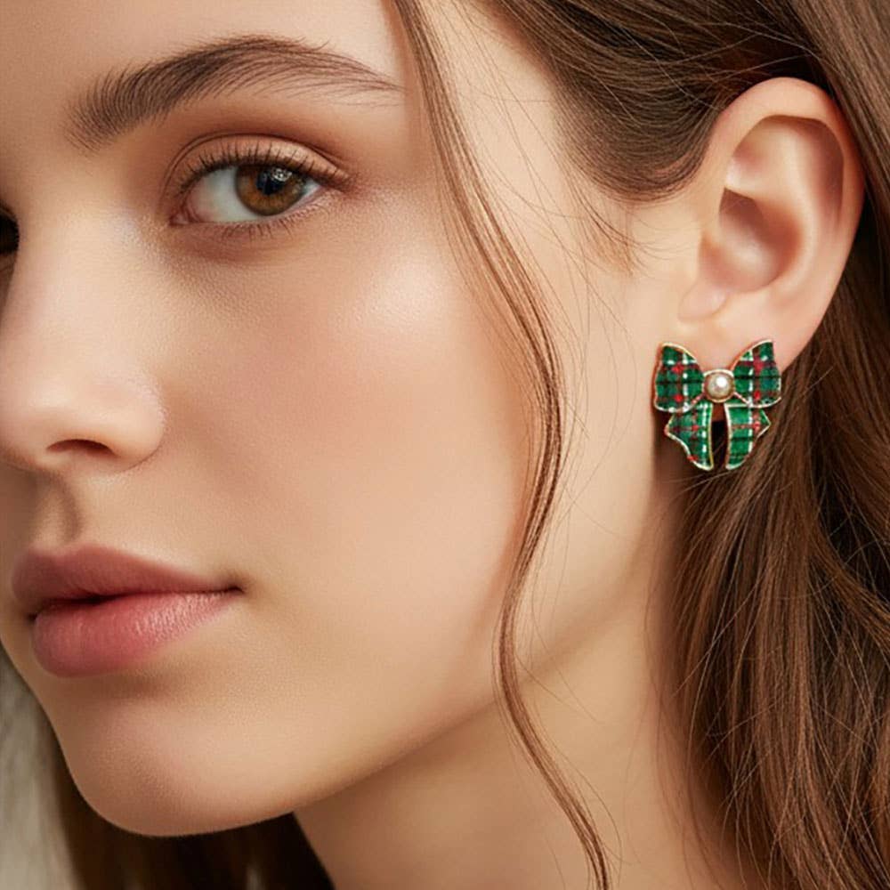 Pearl Accent Holiday Plaid Bow Stud Earrings: Green,Red