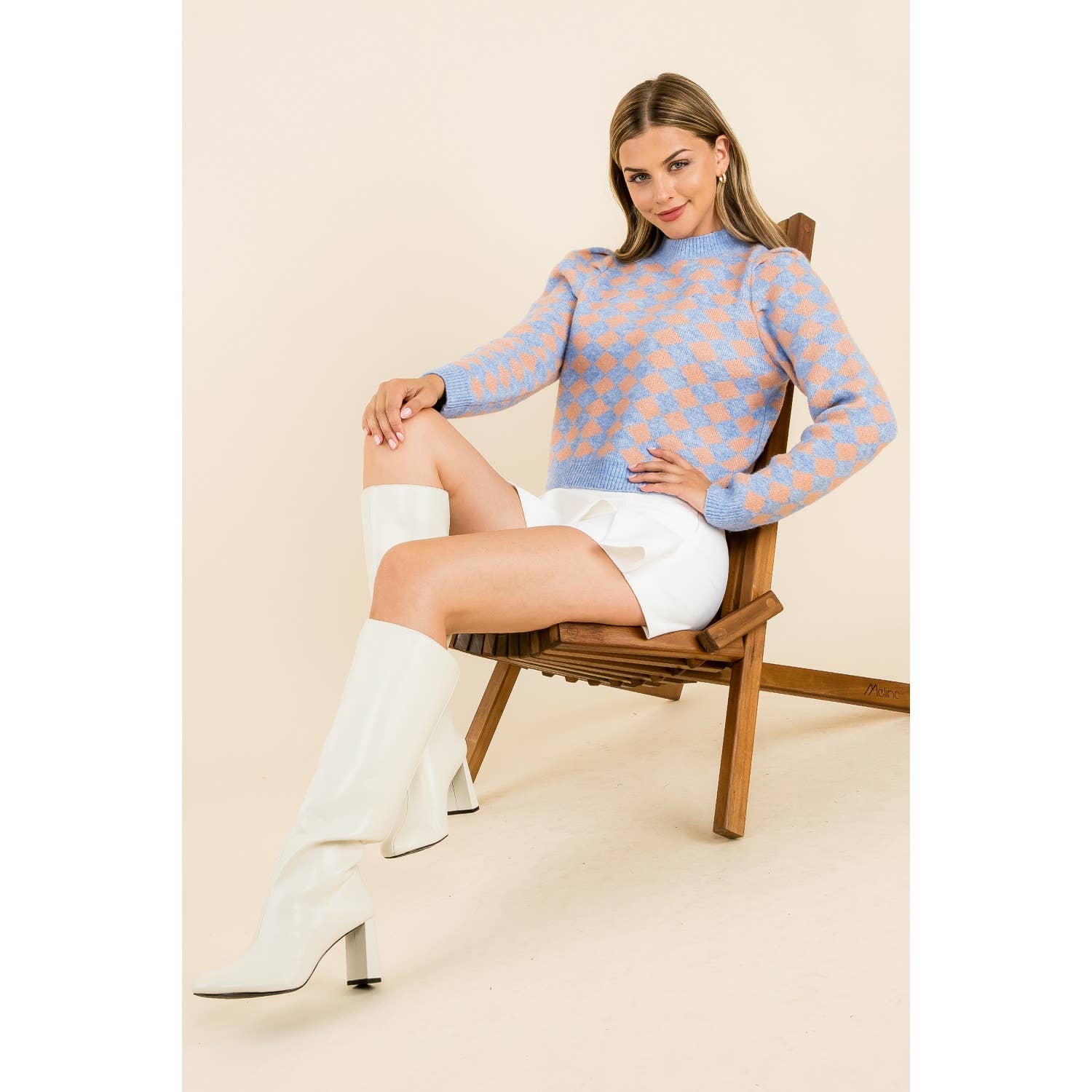 Diamond Pattern Knit Sweater: DENIM BLUE / M