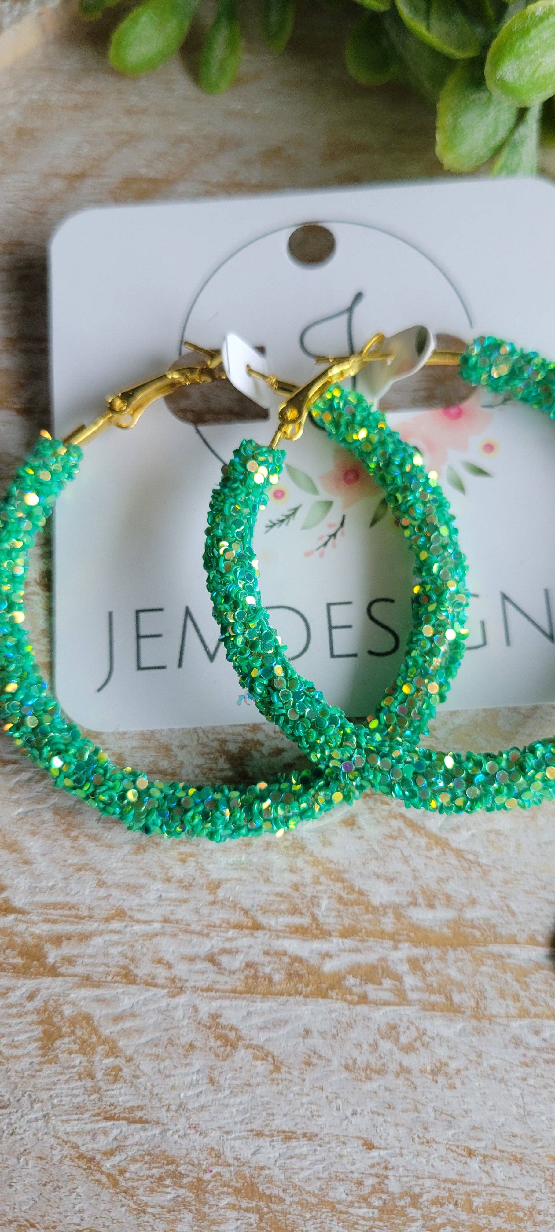 Green Glitter Hoop Earrings: Large