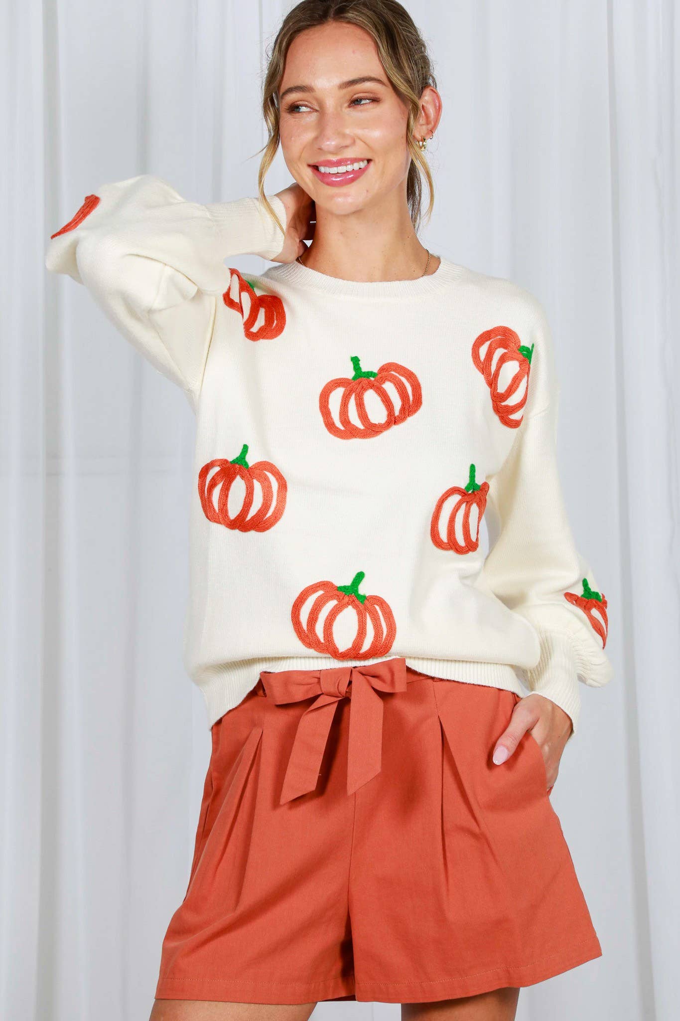 Pumpkin Embroidered Crew Neck Knitted Sweater Top VT82559: Pumpkin / L