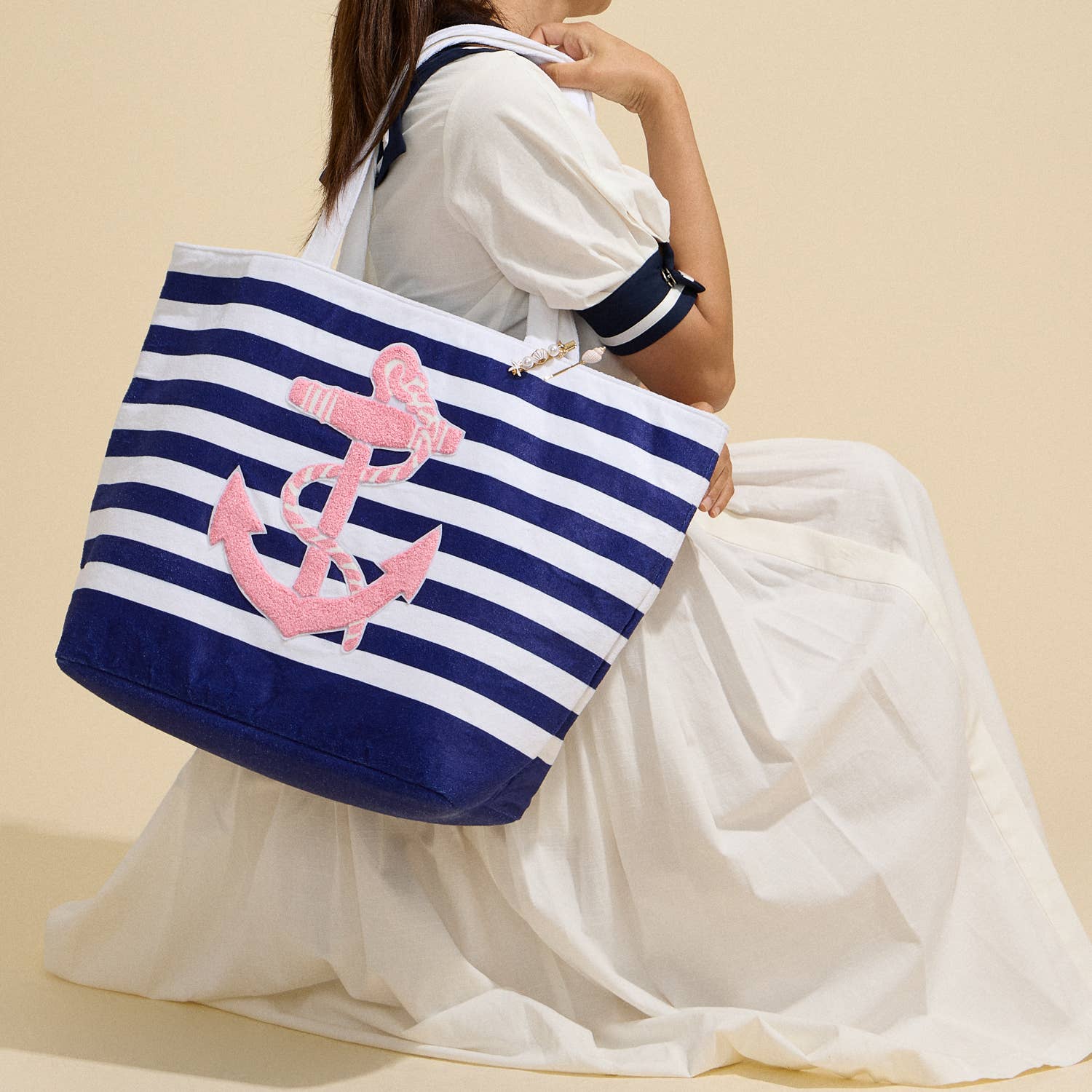 Striped Tote Bag with Anchor Design: Navy / One / 5AG78016