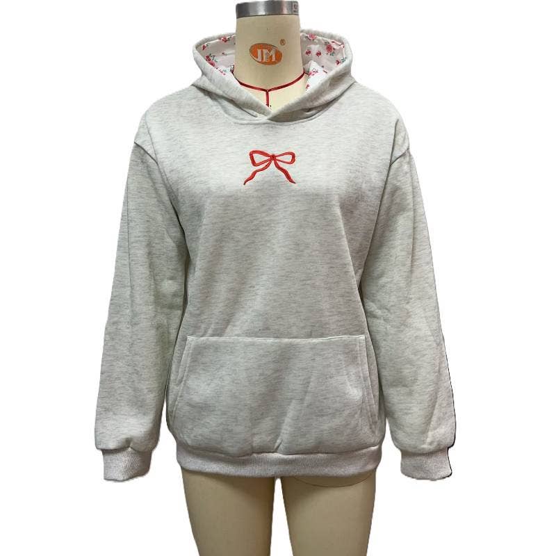 Bow Pattern Floral Hooded Sweatshirt: Pink / L