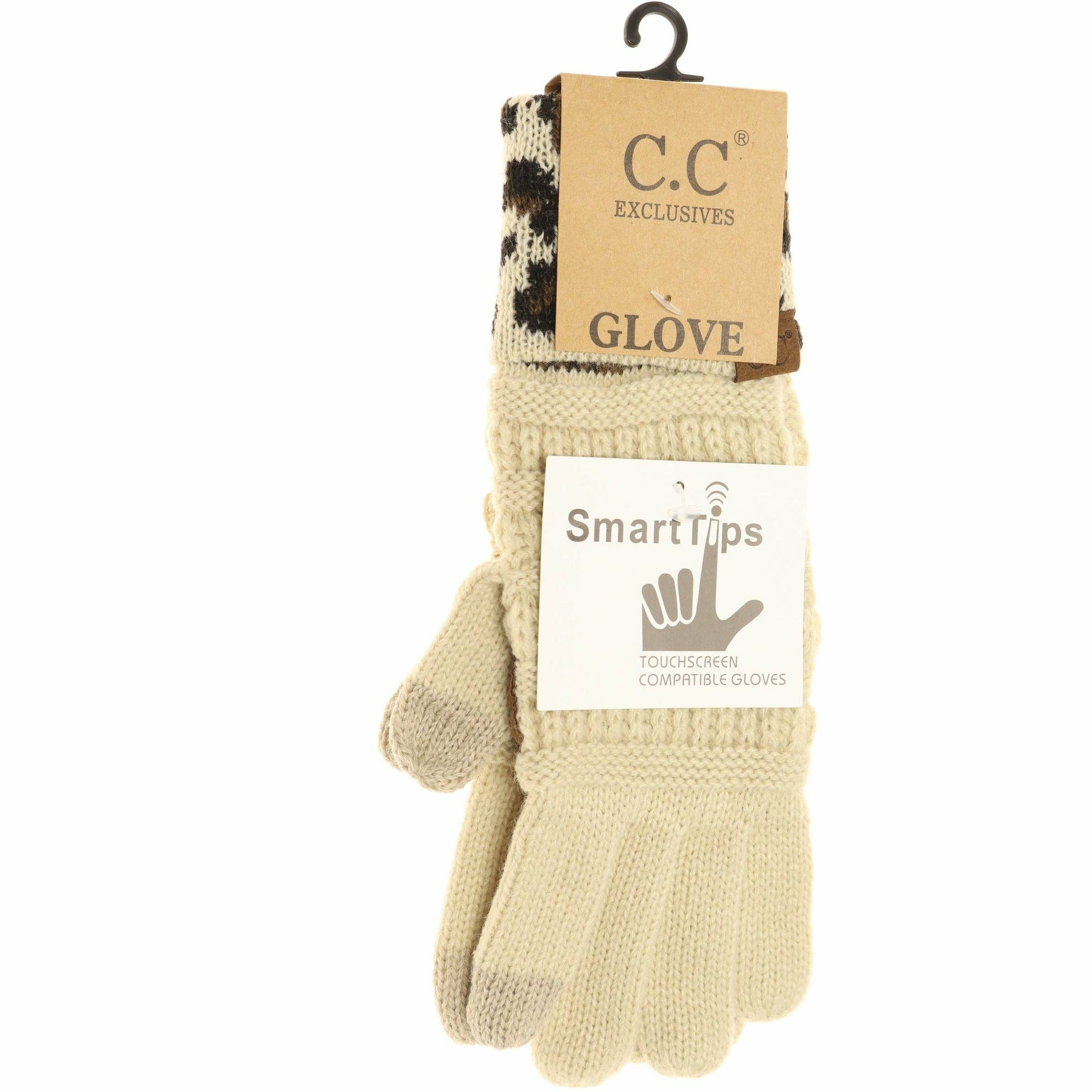 Solid Cable Knit Leopard Cuff CC Gloves G80: Black