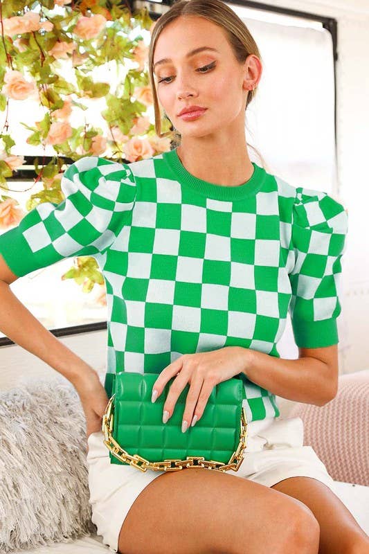 Crew Neck Short Puff Sleeve Checkerboard Sweater Top VT81345: RUST / S