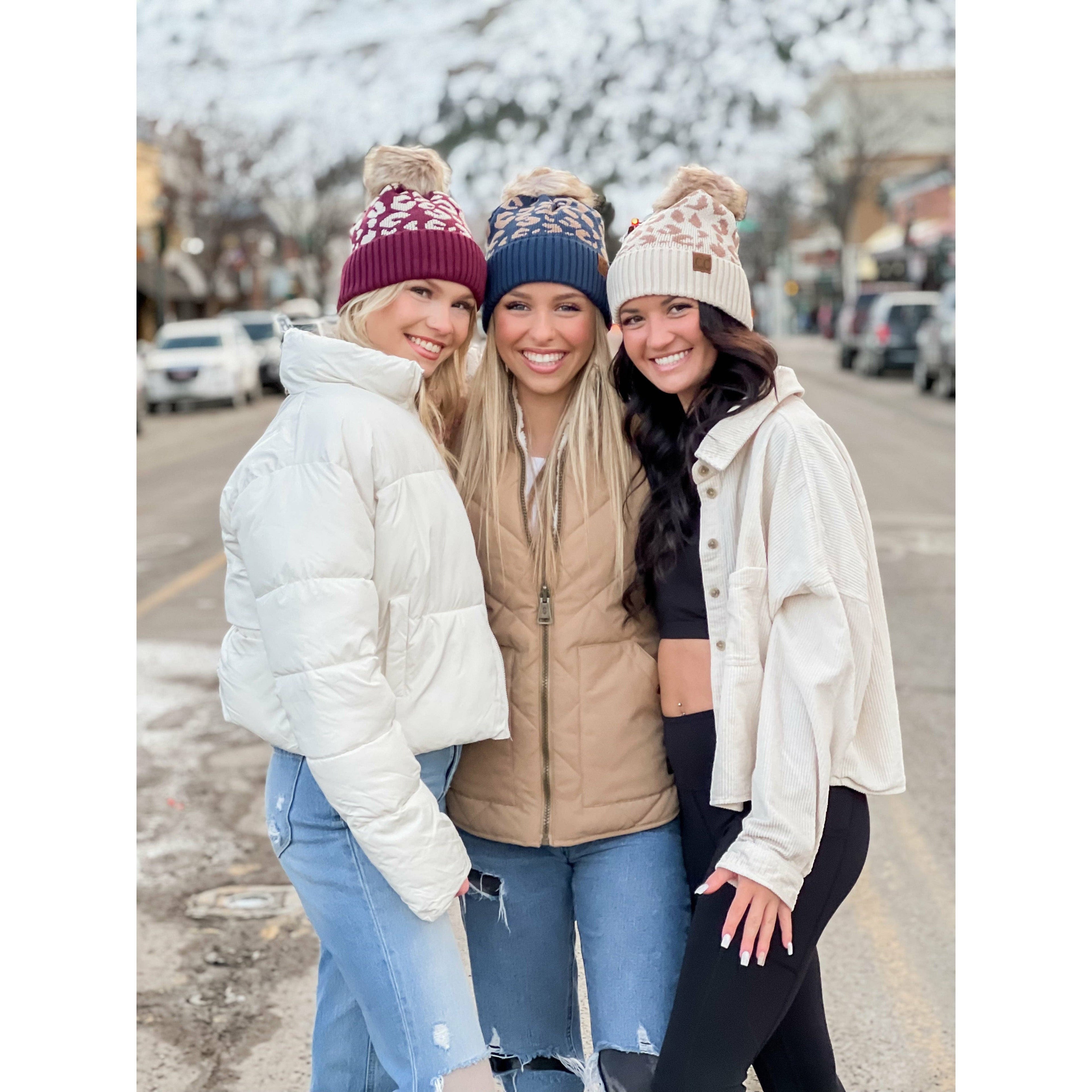 Leopard Pattern Fur Pom Beanie Beige