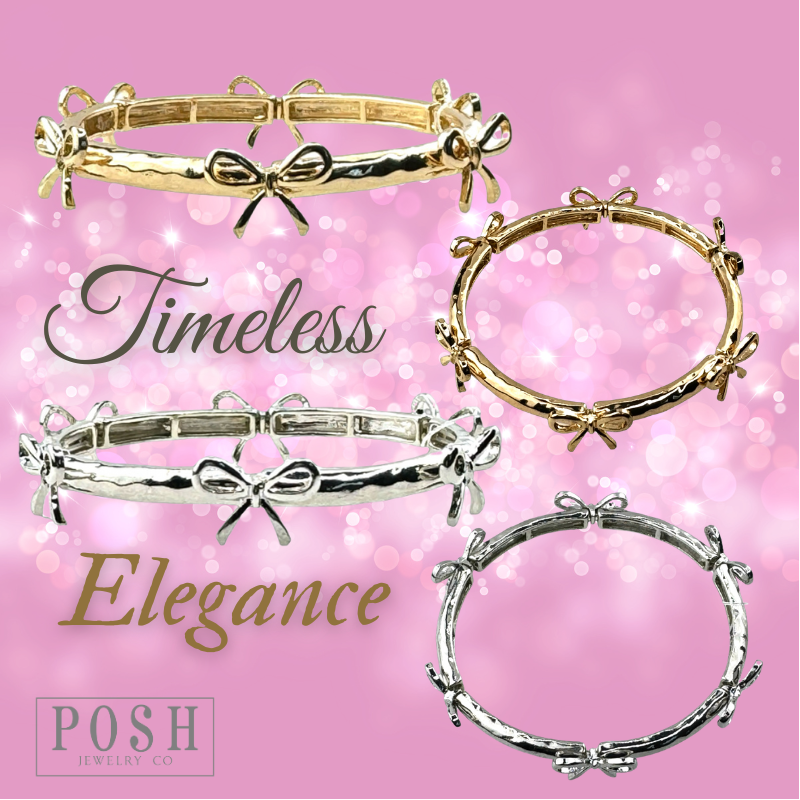 Stretch bangle bracelet with bow charms: Silver