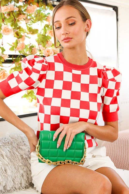 Crew Neck Short Puff Sleeve Checkerboard Sweater Top VT81345: RUST / L