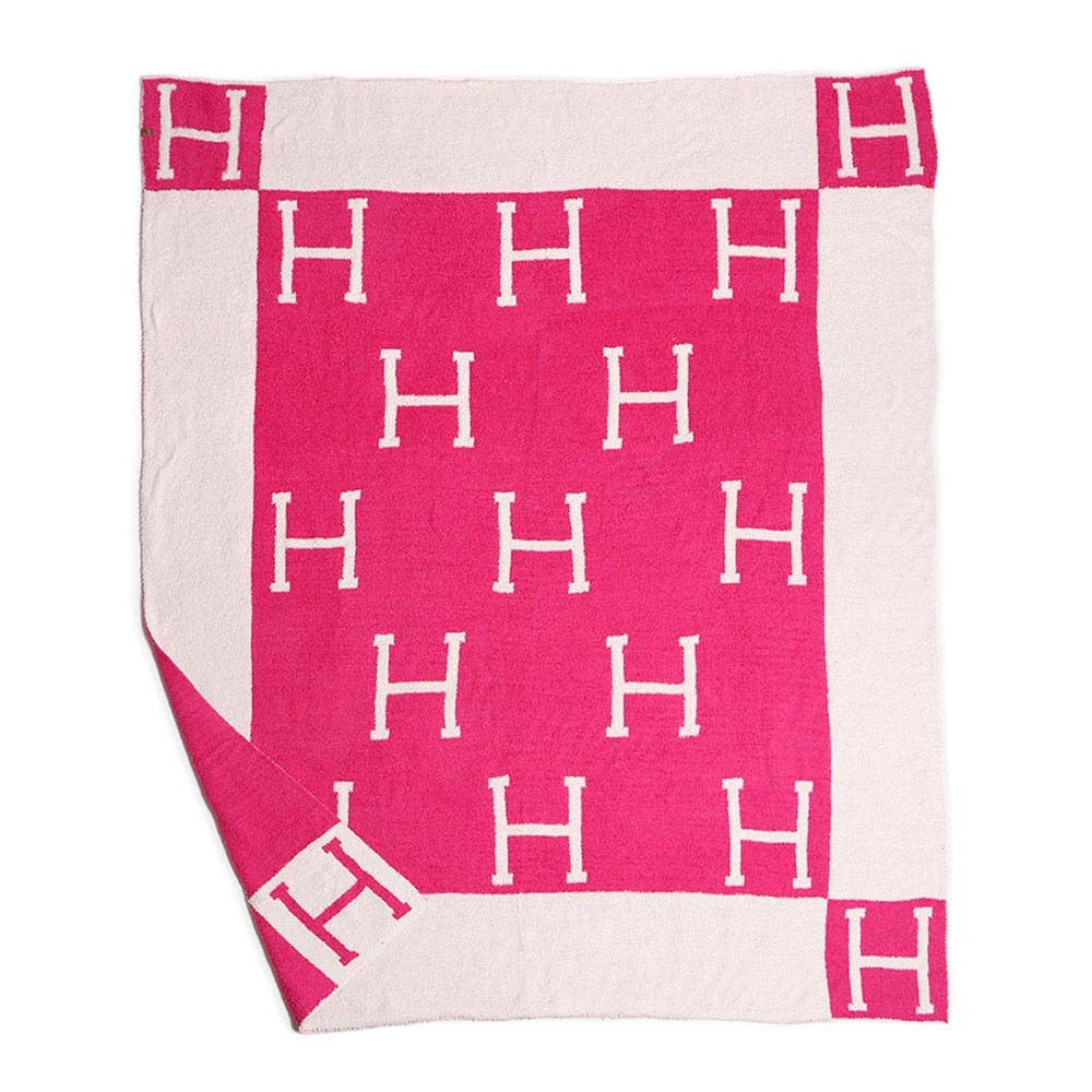 H Initial Monogram Patterned Reversible Throw Blanket: Black faux Hermes
