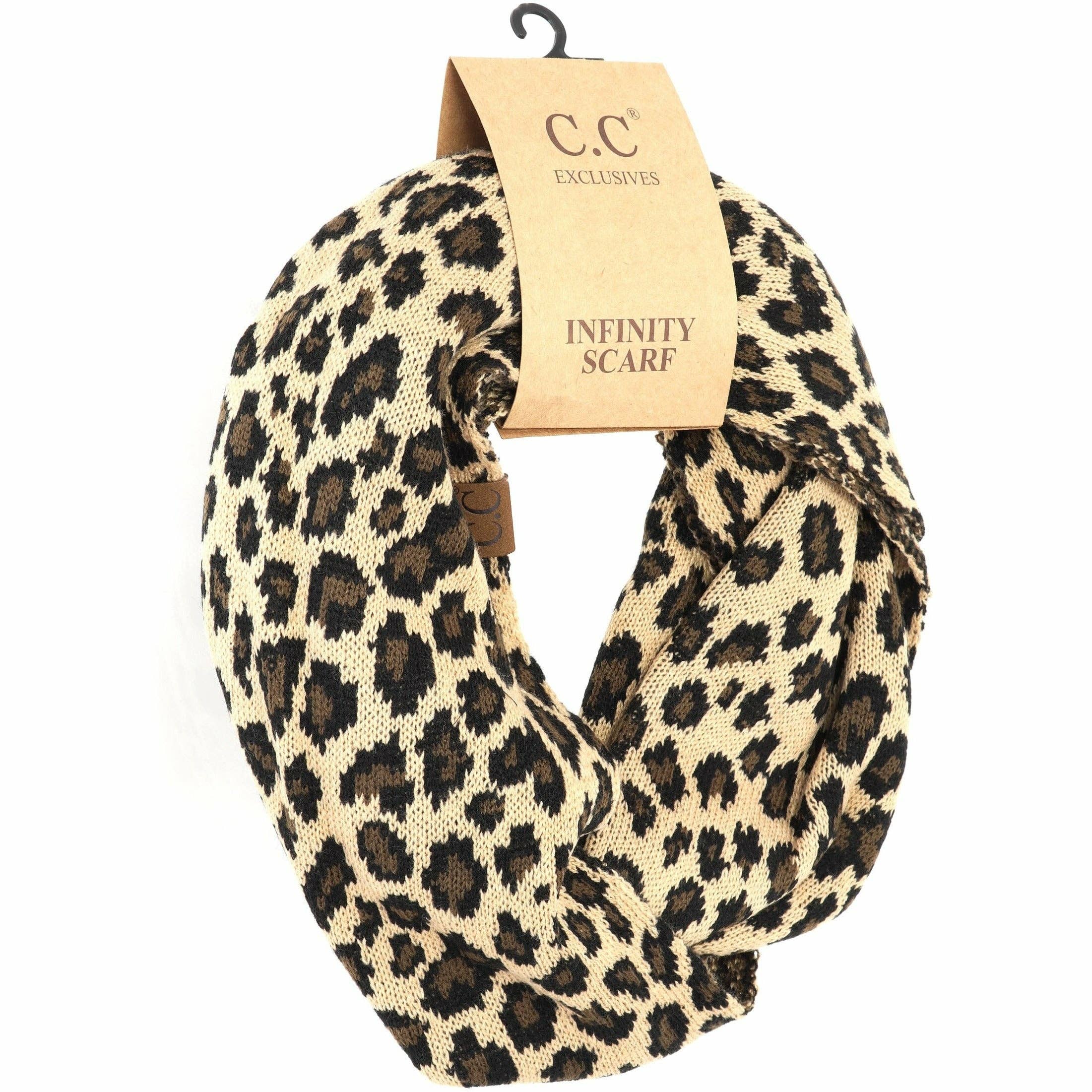 Ribbed Knit Leopard Accent CC Infinity Scarf SF80: Black