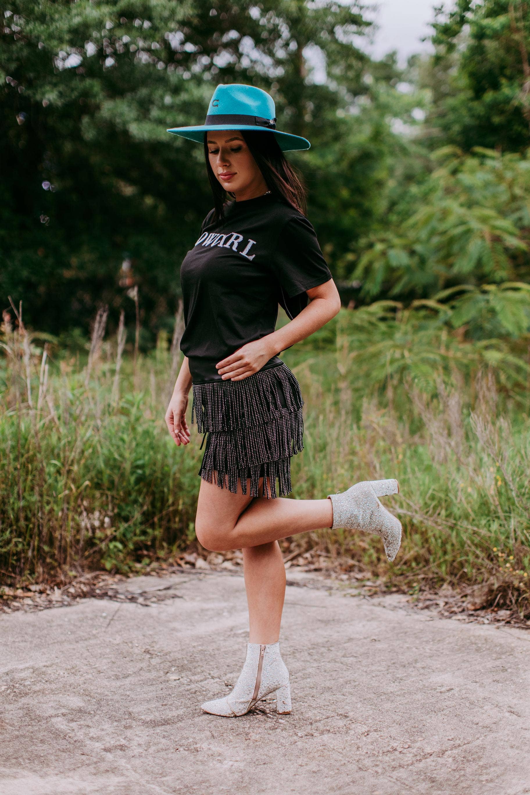 Cowgirl Sequins engraved white 3D embroidery Tee: Black