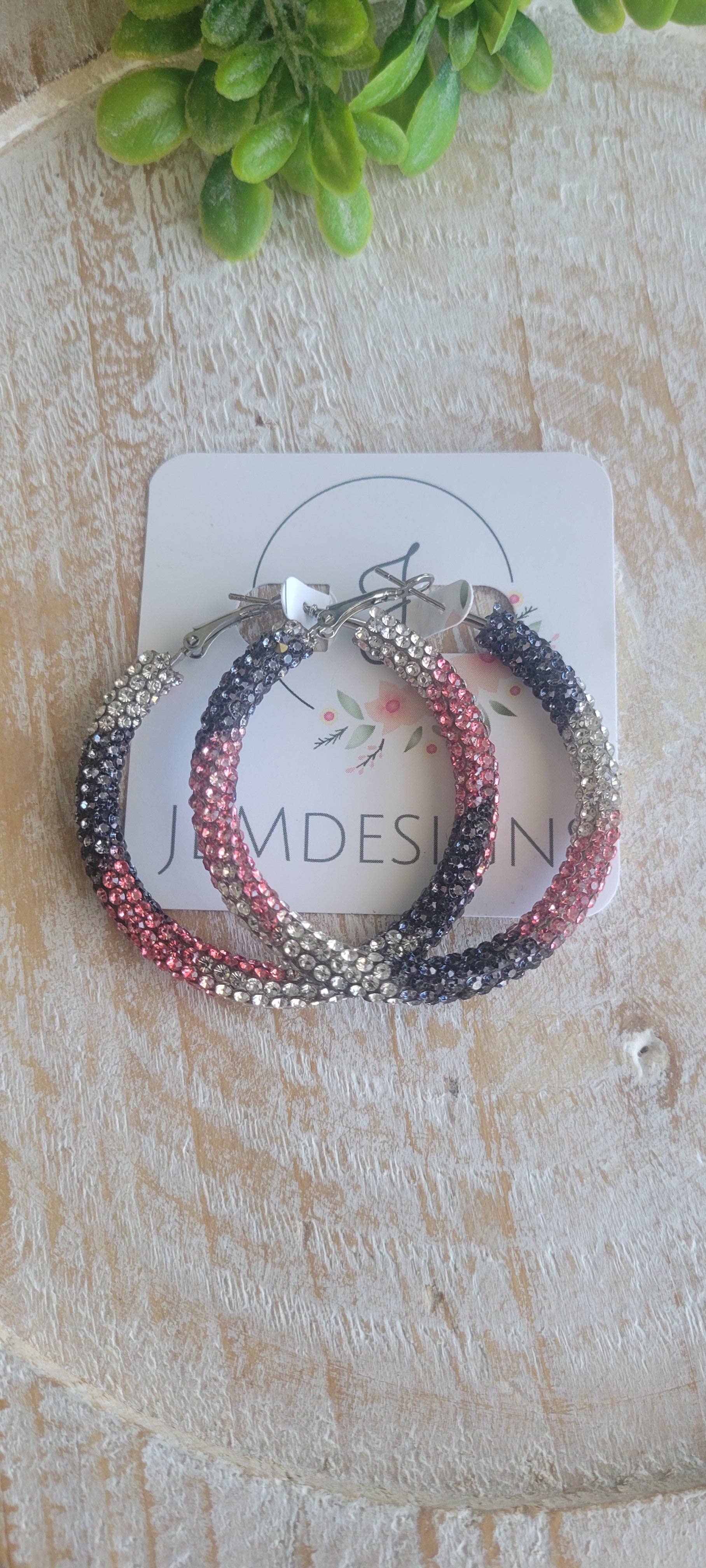 Pink and Black Rhinestone Hoop Earrings: Small