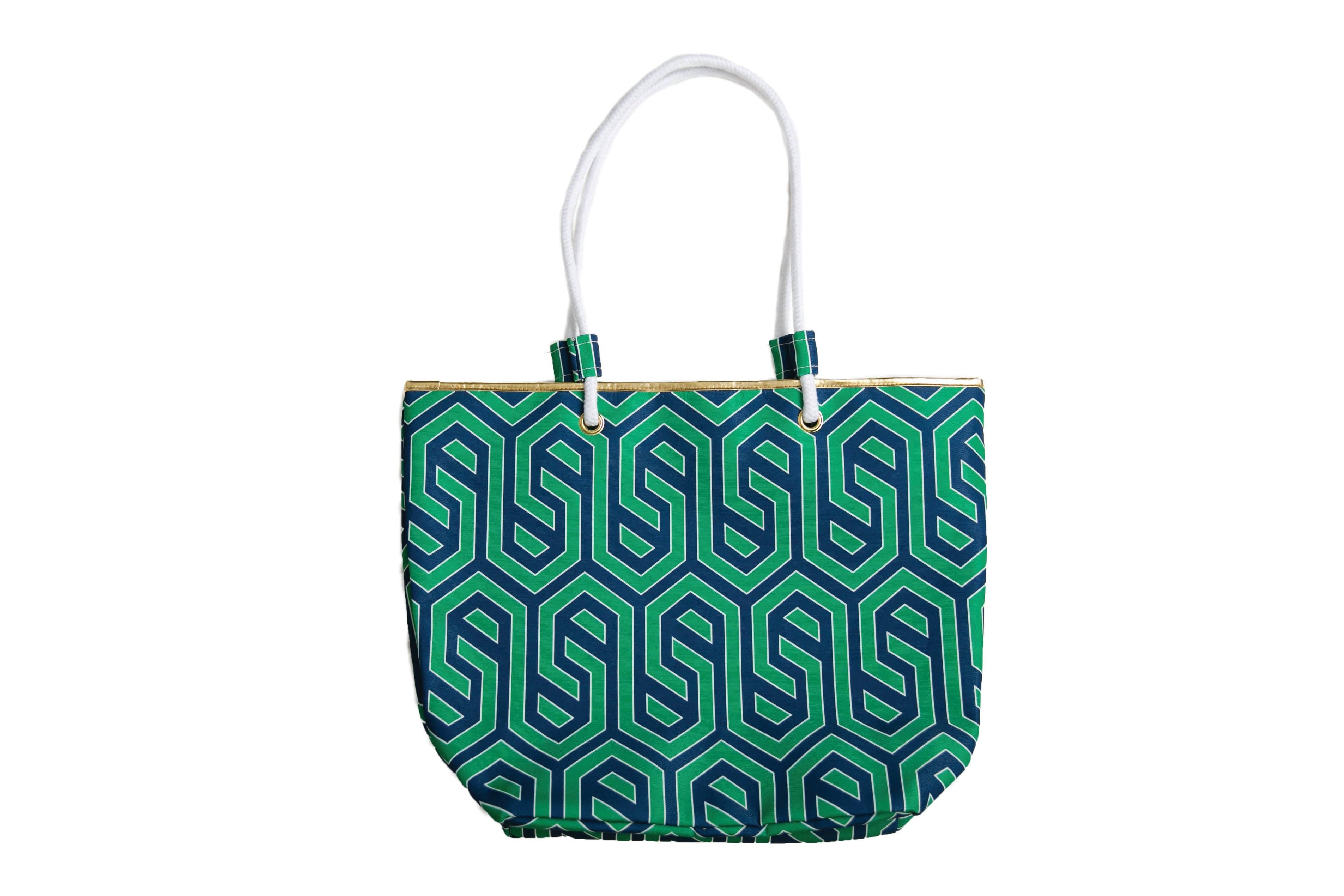 Catalina Tote Bag -Green and Navy Geometric