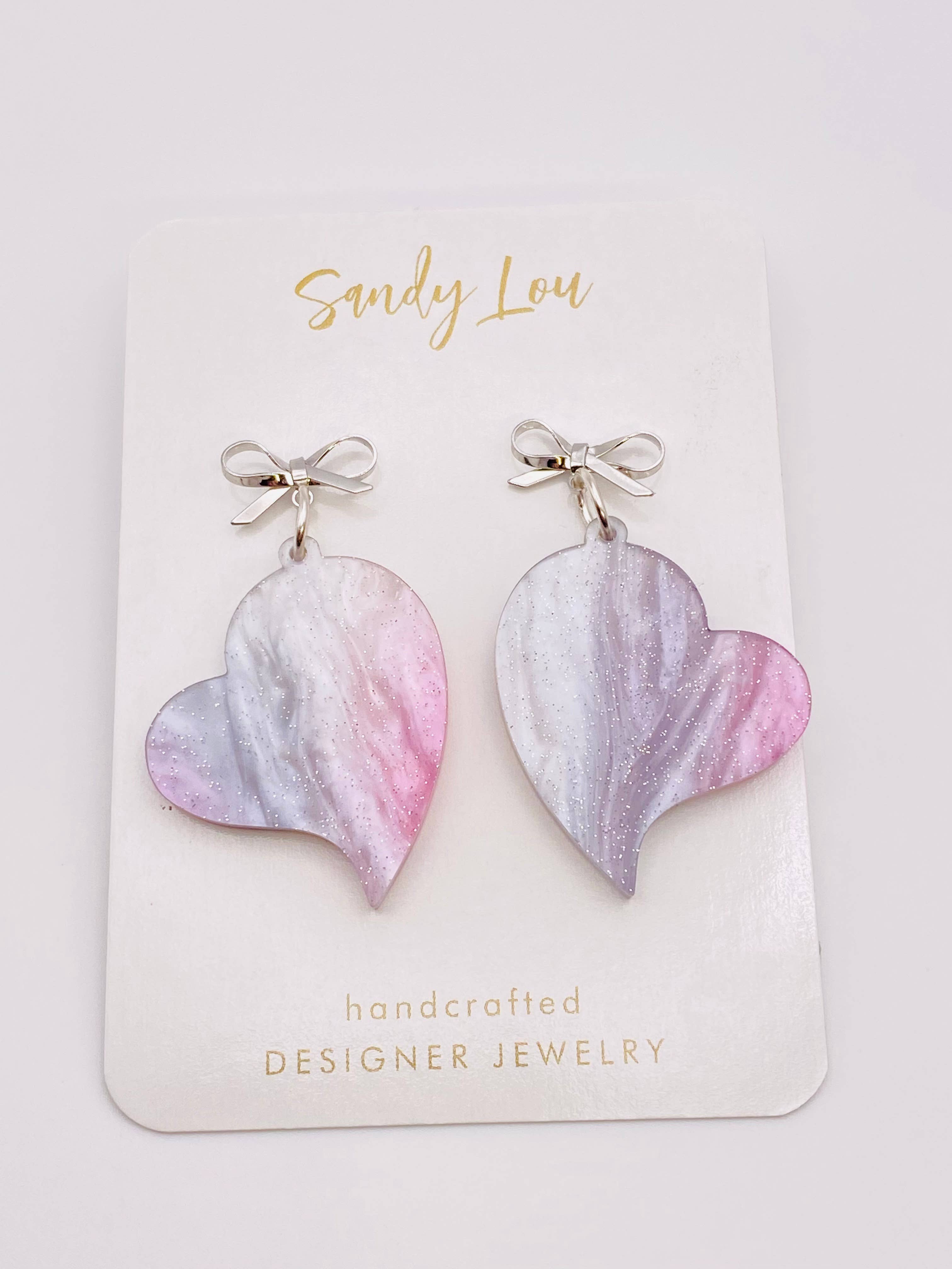 VALENTINE PINK SHIMMER WITH SILVER BOW HEART EARRINGS