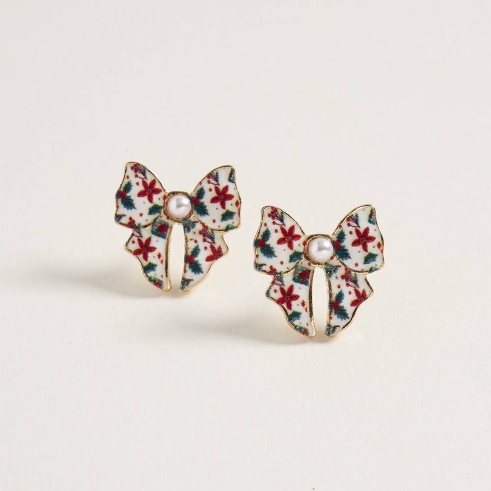 Pearl Accent Holiday Plaid Bow Stud Earrings: Green,Red