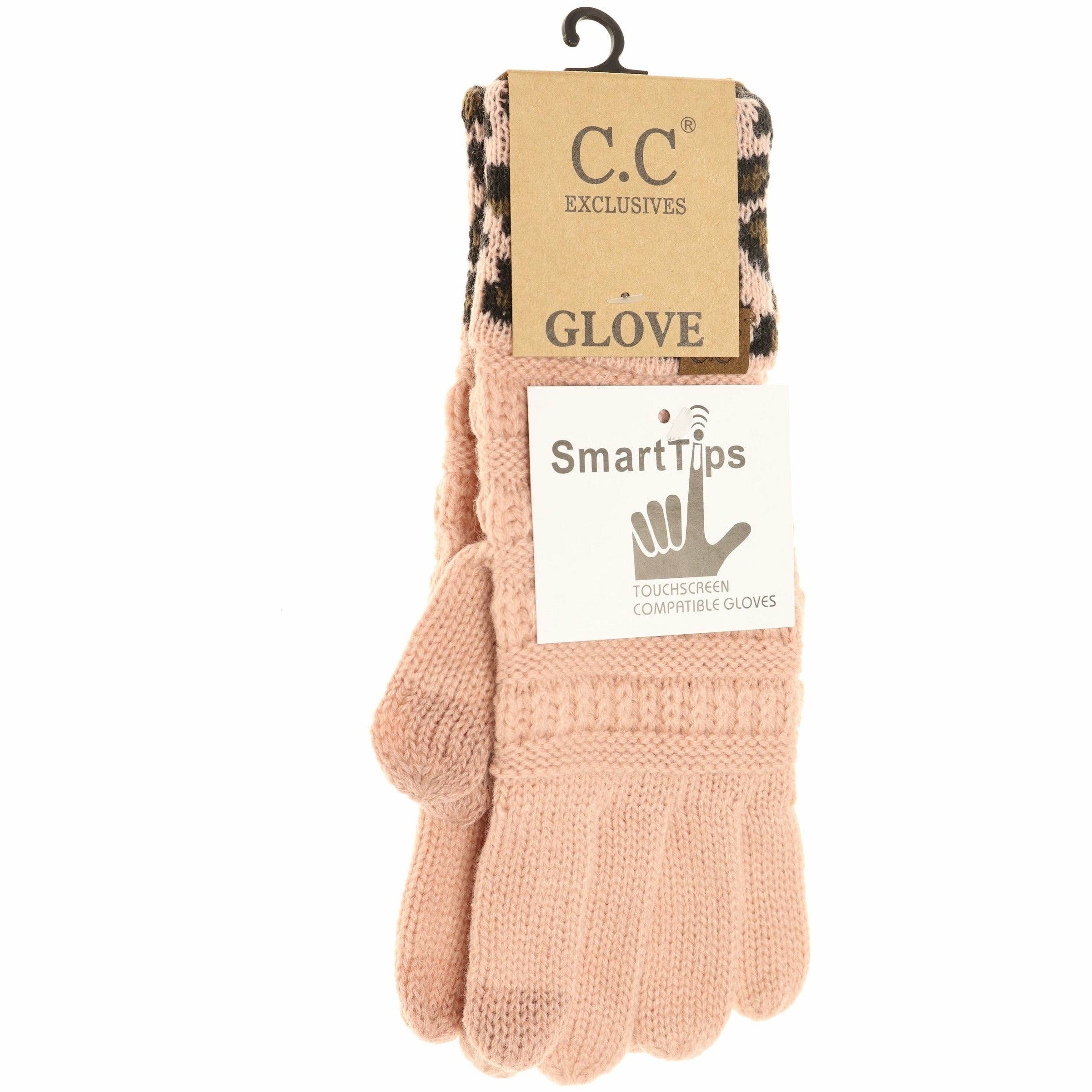 Solid Cable Knit Leopard Cuff CC Gloves G80: Black