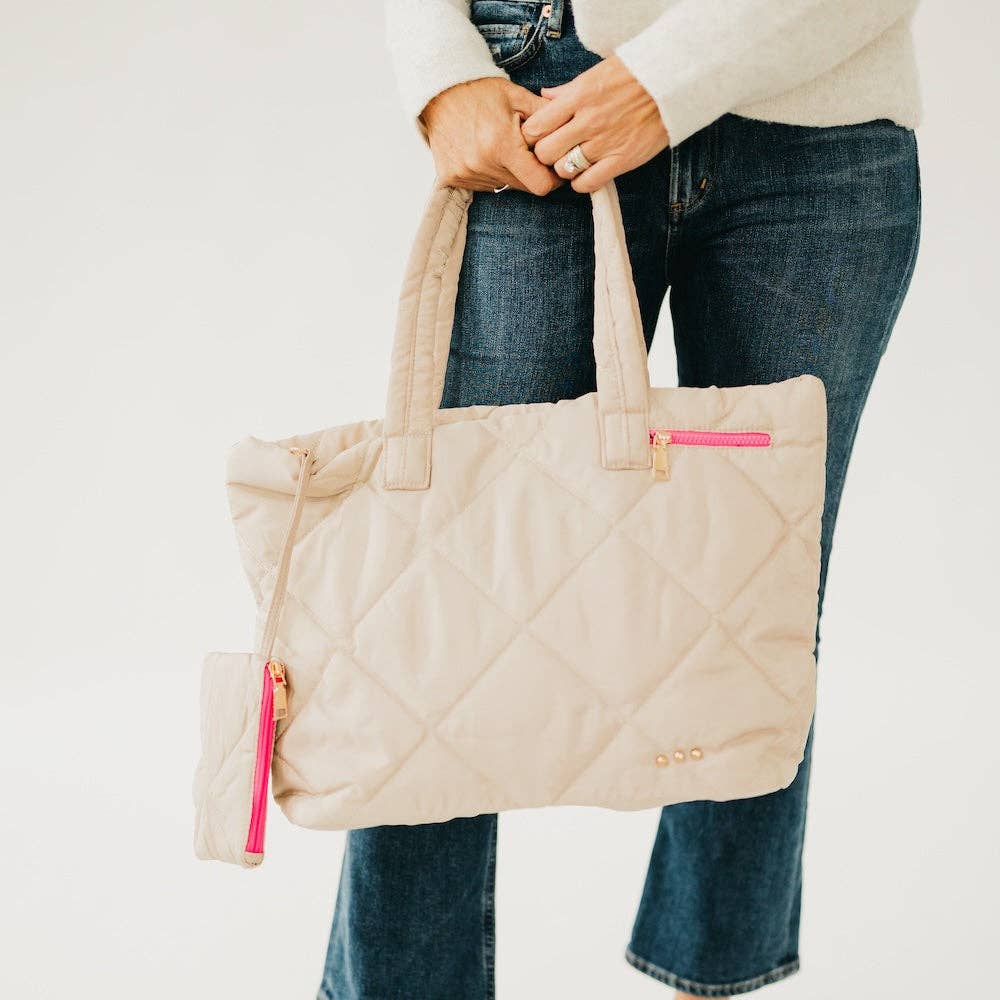 Presley Puffer Quilted Tote Bag With Pouch: Blue