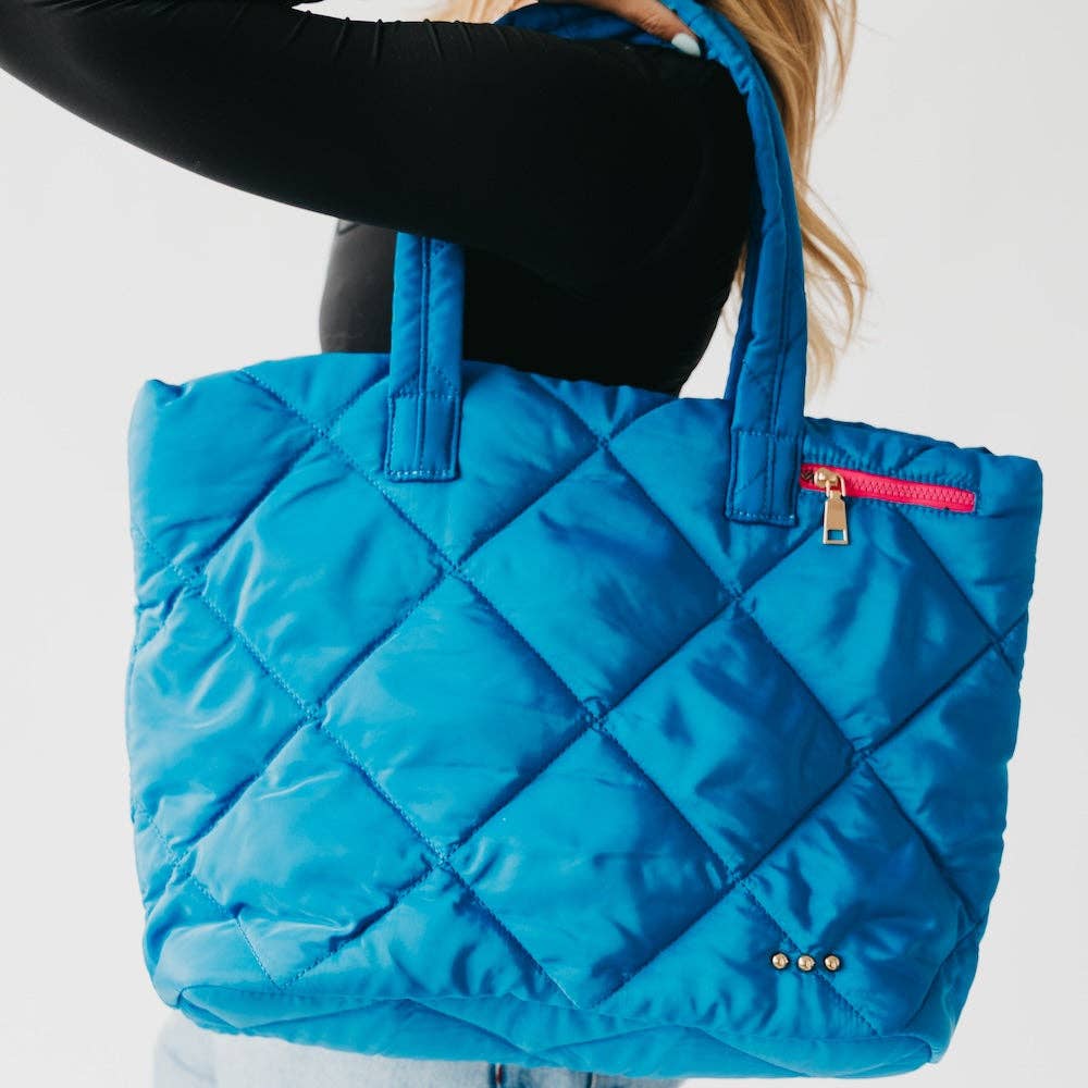 Presley Puffer Quilted Tote Bag With Pouch: Blue