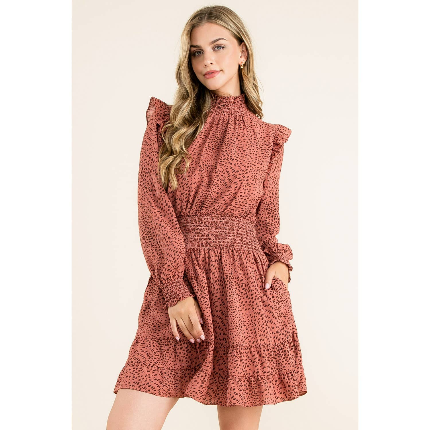Smock Neck Ruffle Dress: MAUVE / L