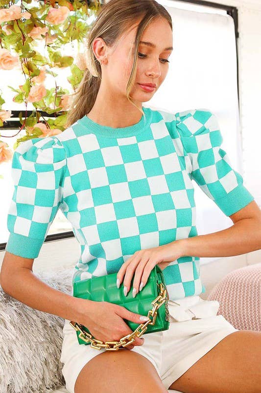 Crew Neck Short Puff Sleeve Checkerboard Sweater Top VT81345: RUST / S