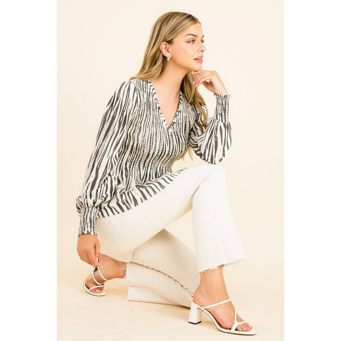 Smocked Zebra Print Top: GRAY / XS