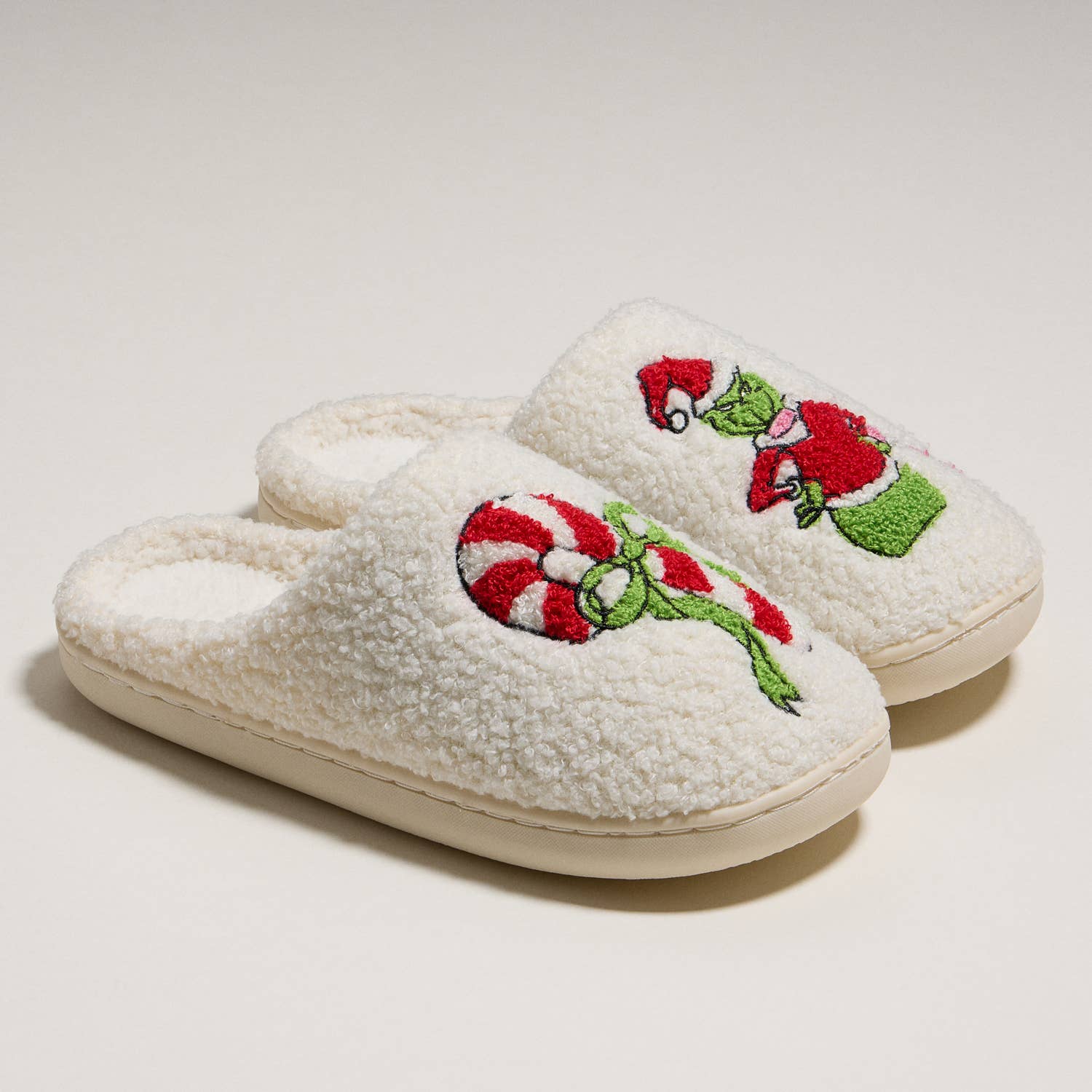 Whimsical Green Monster Slippers with Candy Cane Embroidery for Christmas Gift: IVPK / M(40-41)