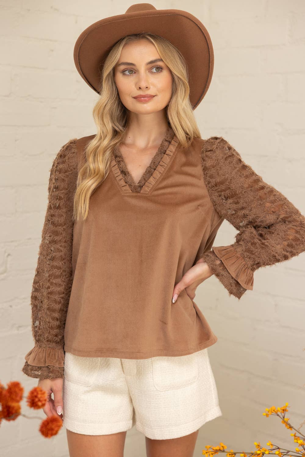 Voy Lace Long Sleeve Ruffle Detailed Corduroy Top: Brown