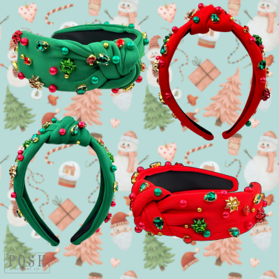 Christmas color rhinestone headband with gift bow and bead charms: Green