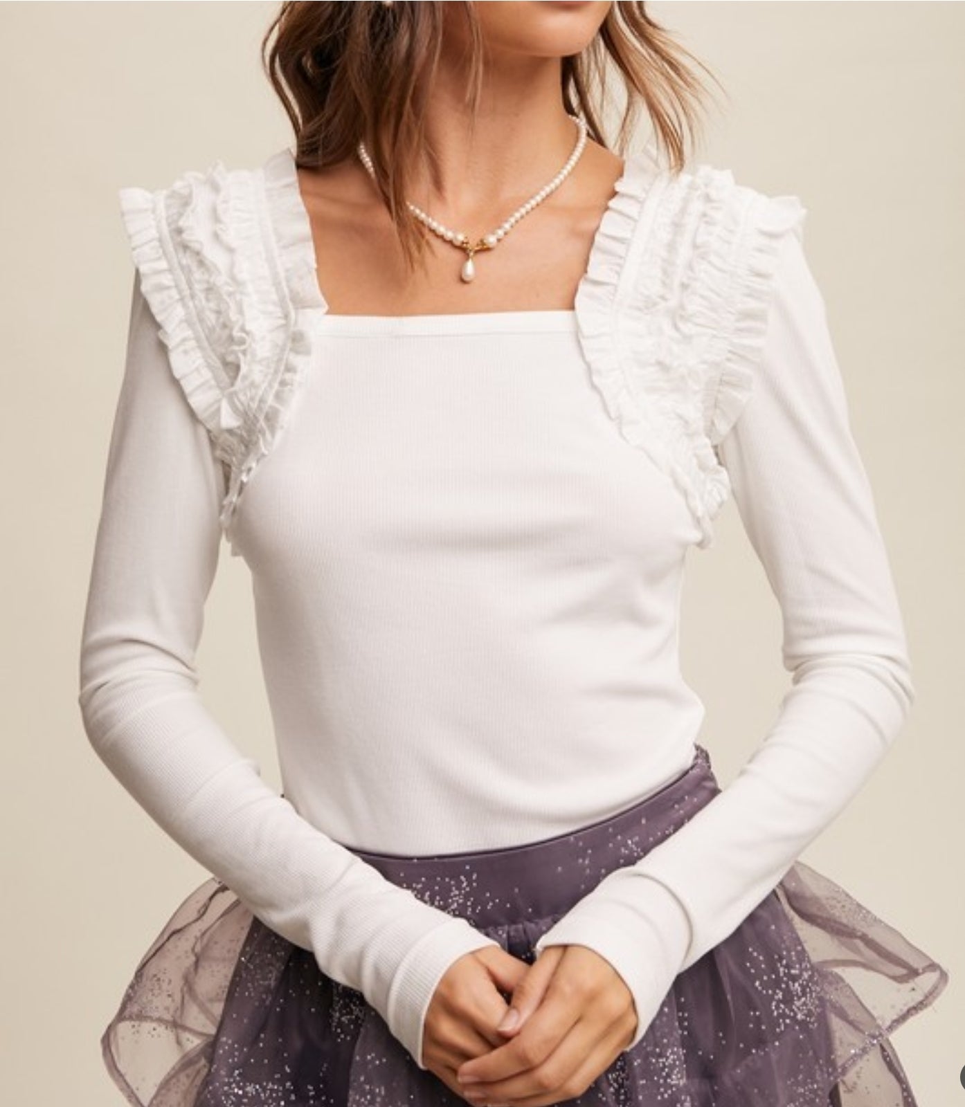 Ruffle Accent Long Sleeve Top