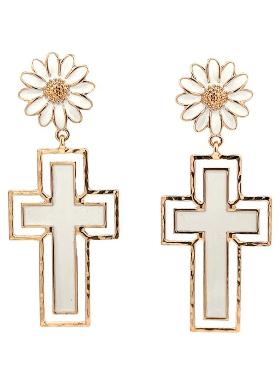 Daisy Cross Earrings- white