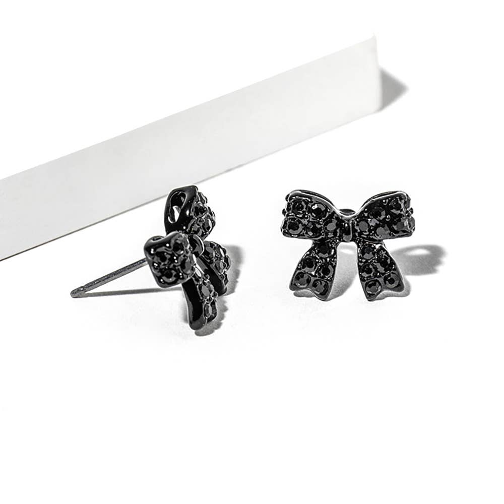 Crystal Rhinestone Bow Stud Earrings: Jet Black