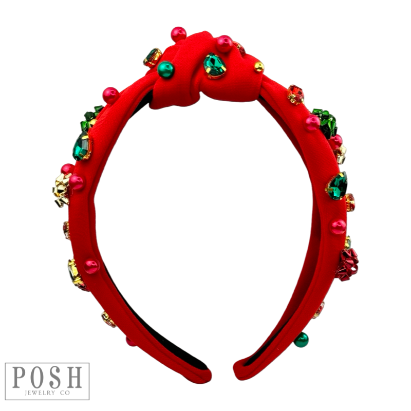 Christmas color rhinestone headband with gift bow and bead charms: Red