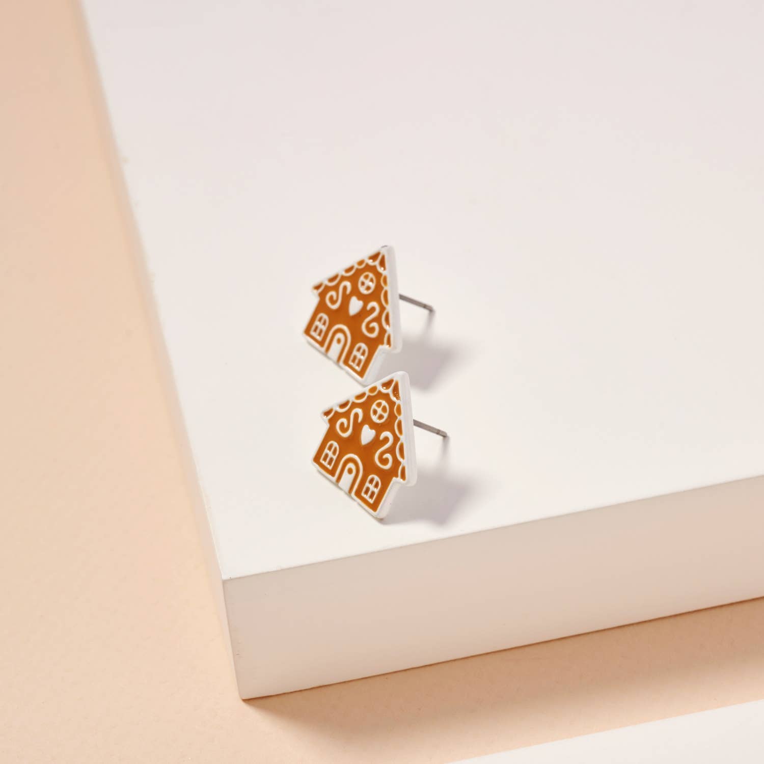 Gingerbread House Christmas Enamel Stud Earrings: Beige / One / 4BE32035