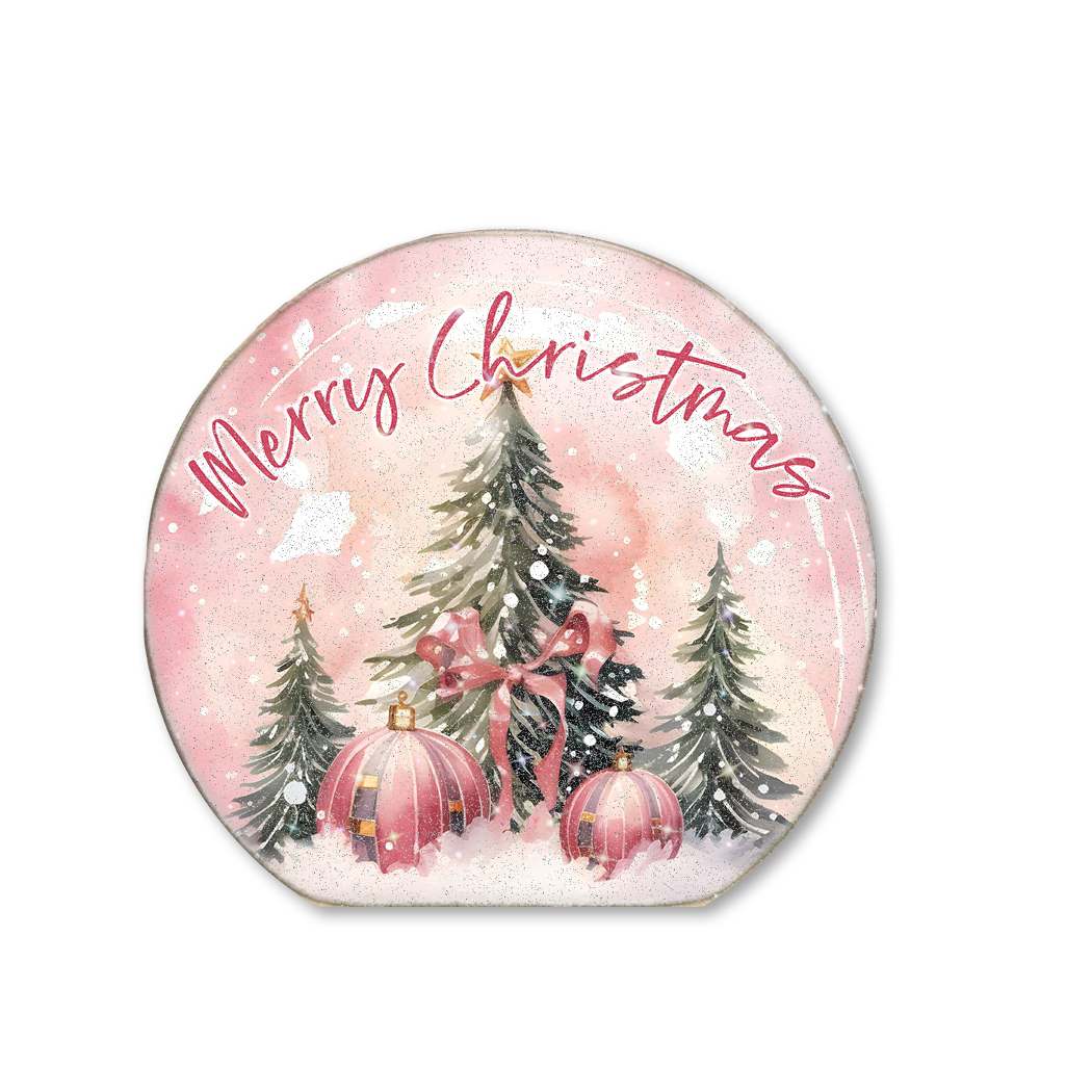 SNOWGLOBE SITTER PINK TREE ORNAMENT (WITH GLITTER)