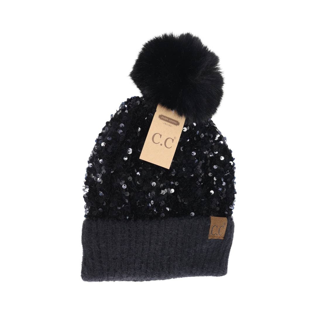 Cluster Sequin Faux Fur Pom C.C Beanie HTE0012: Black