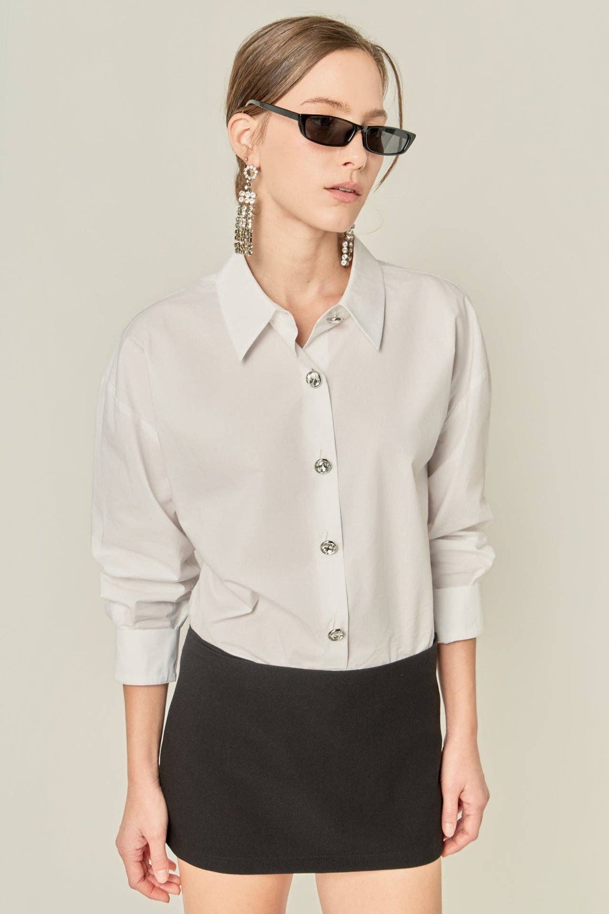 Crystal Button Oversized Shirt: WHITE / XS