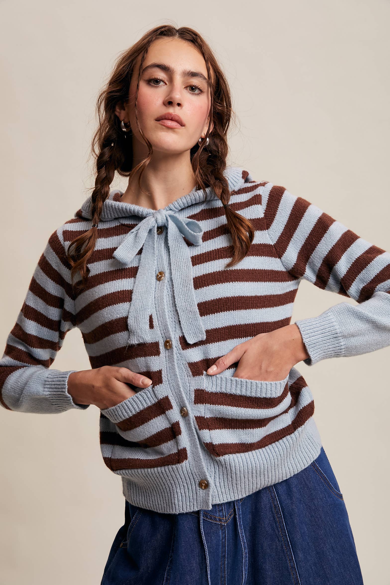 Striped Knit Hoodie Cardigan