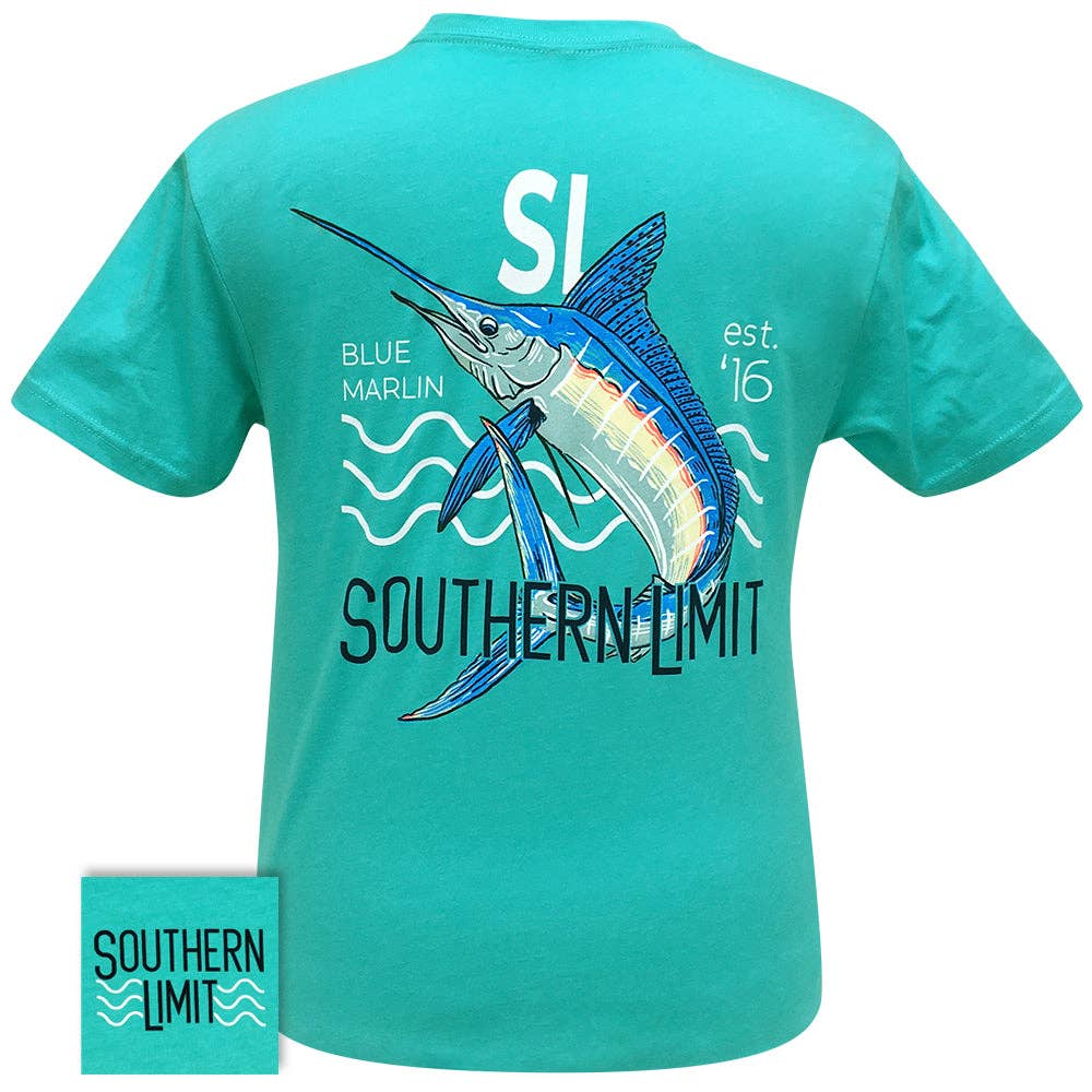 Southern Limit-Blue Marlin Mens Southern Graphic Tees: Tahiti Blue / Adult Medium