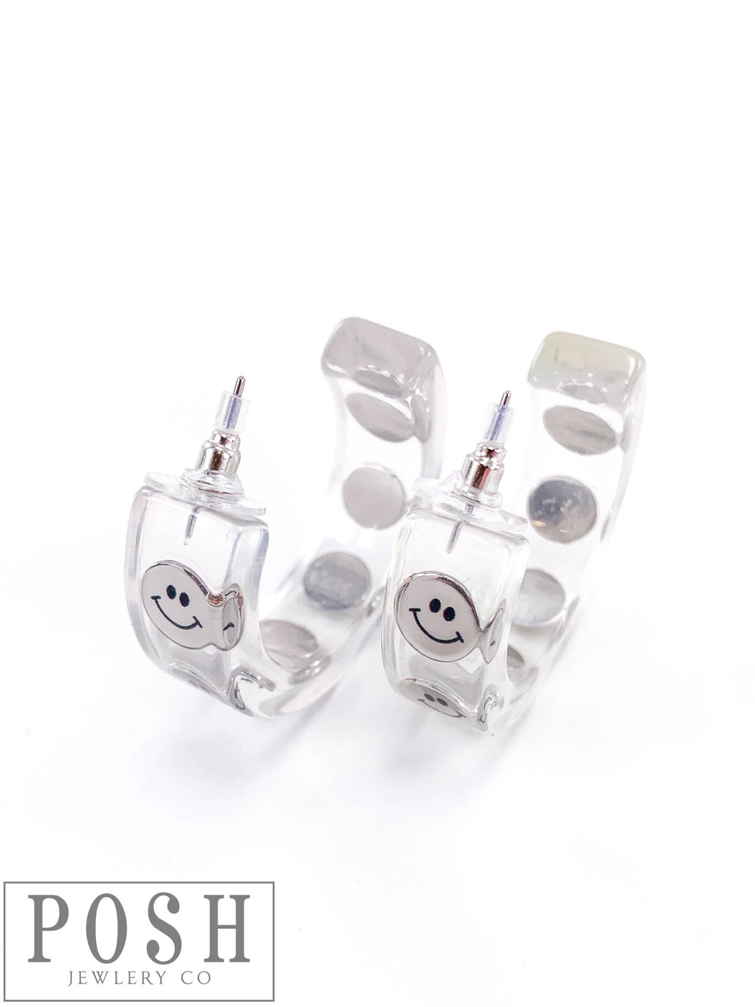 Clear hoop earring with happy faces: Silver