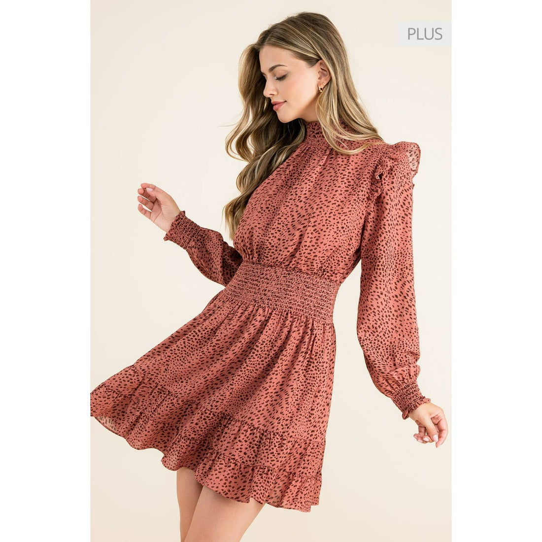 /Size XL/ Smock Neck Ruffle Dress: MAUVE / XL