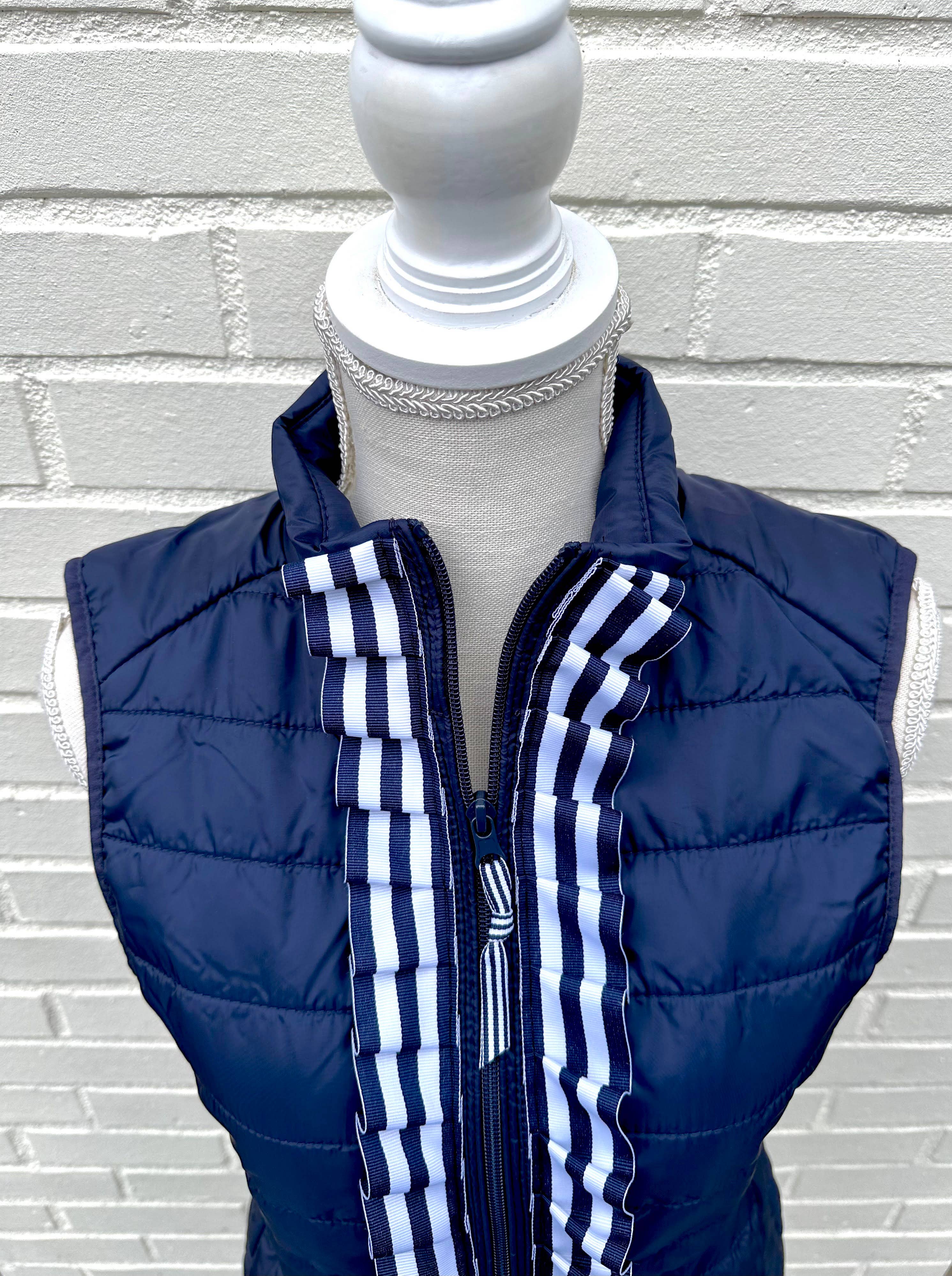 Maggie May Ruffle Puffer Vest - Navy w Navy & White Ribbon: Navy w Navy White Stripe Ruffle Ribbon / M