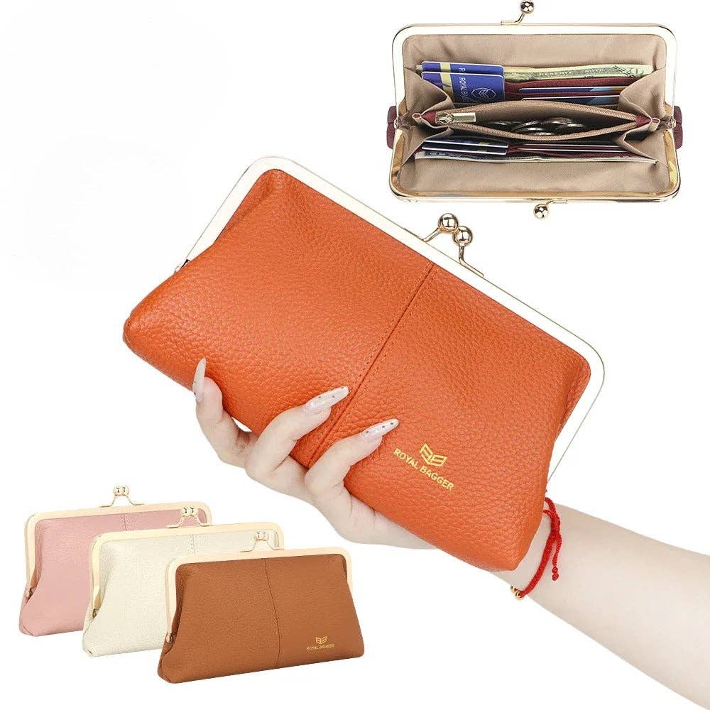 3468 Leather RFID Kiss-Lock Wallet: Brown
