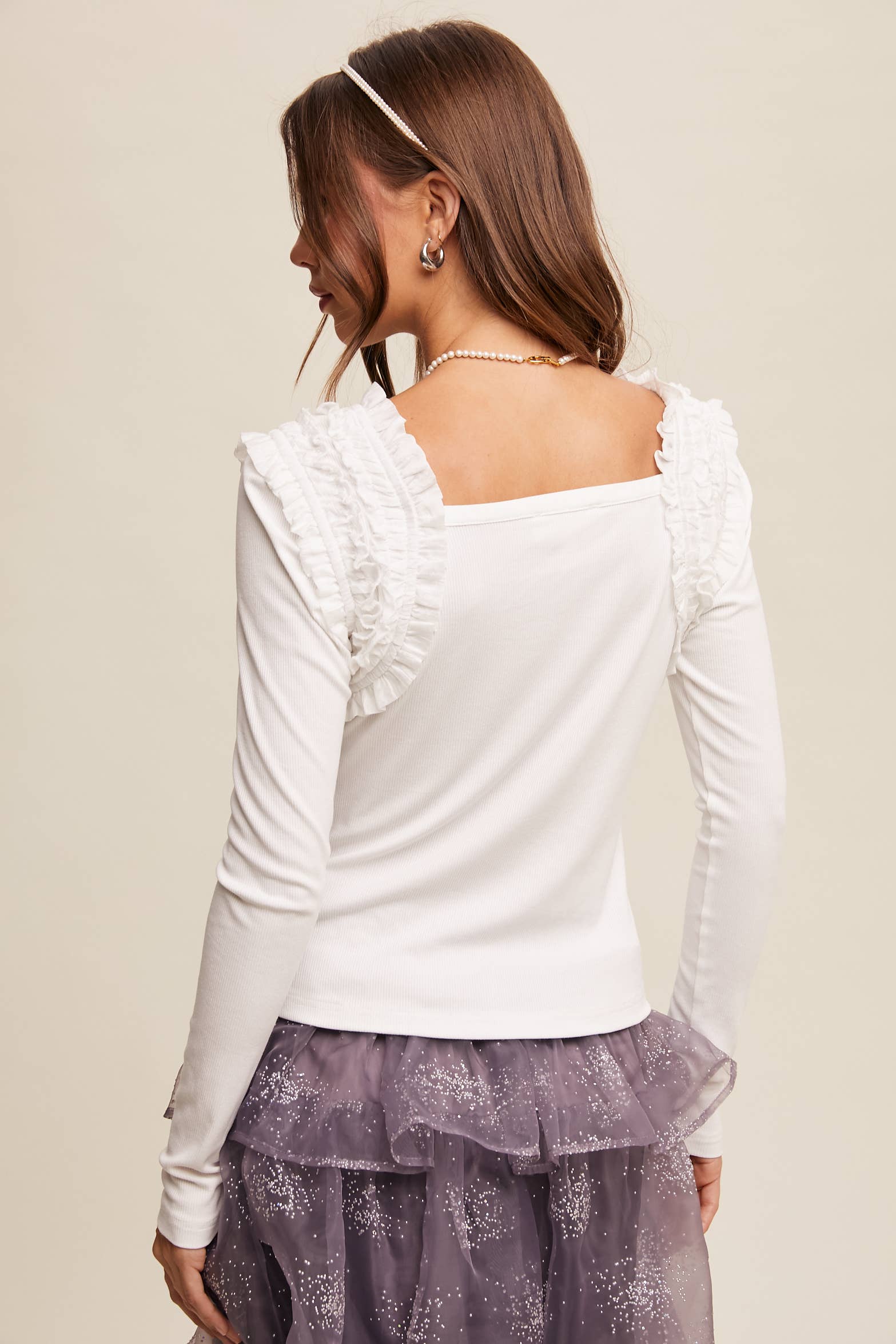 Square Neck Ruffle Accent Top: Black / M