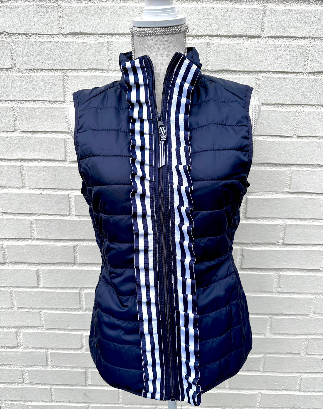 Maggie May Ruffle Puffer Vest - Navy w Navy & White Ribbon: Navy w Navy White Stripe Ruffle Ribbon / M